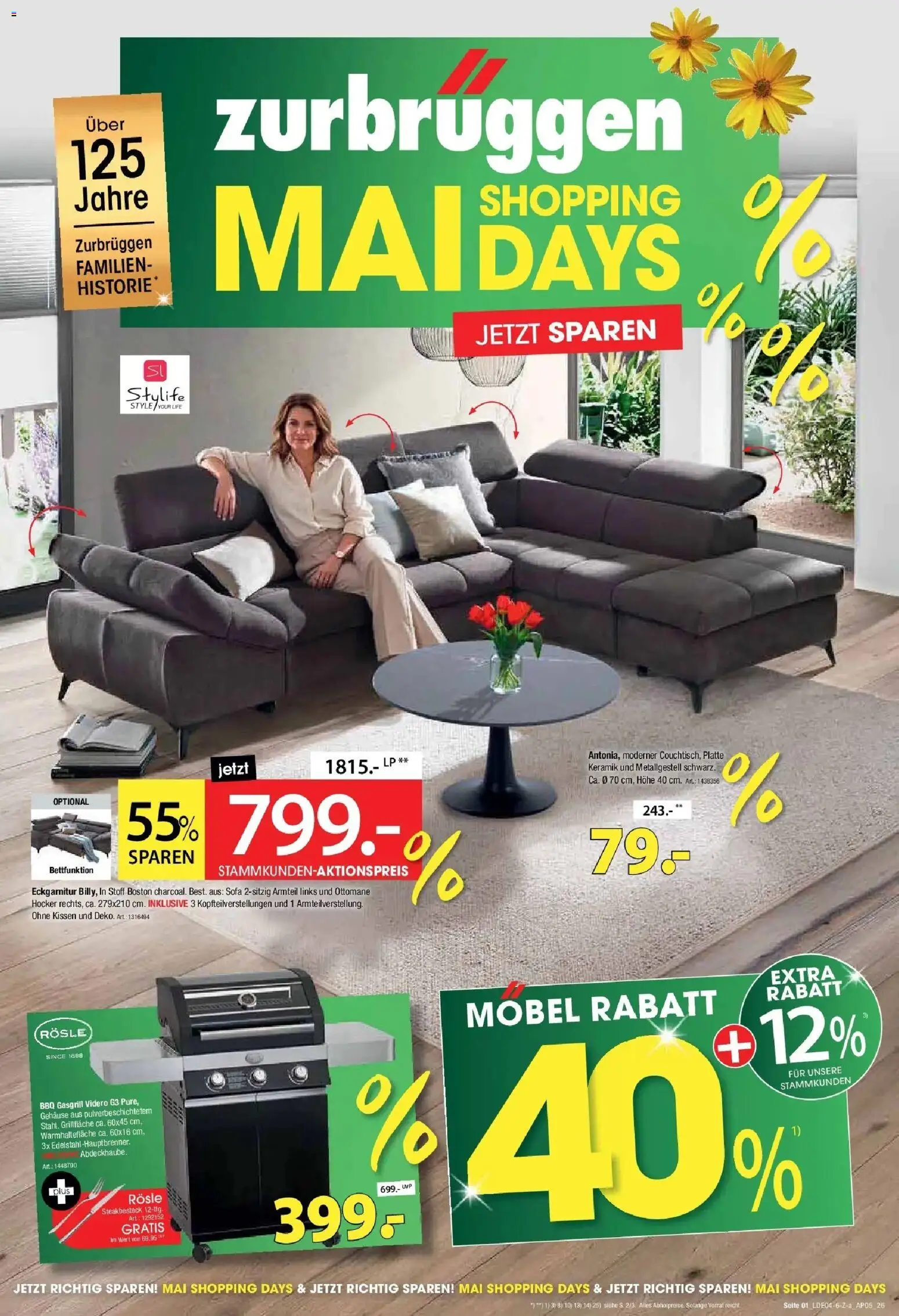 Zurbrüggen Mai Shopping Days – gültig ab 25.04.2026 | Seite: 1 | Produkte: Hocker, Kissen, Sofa