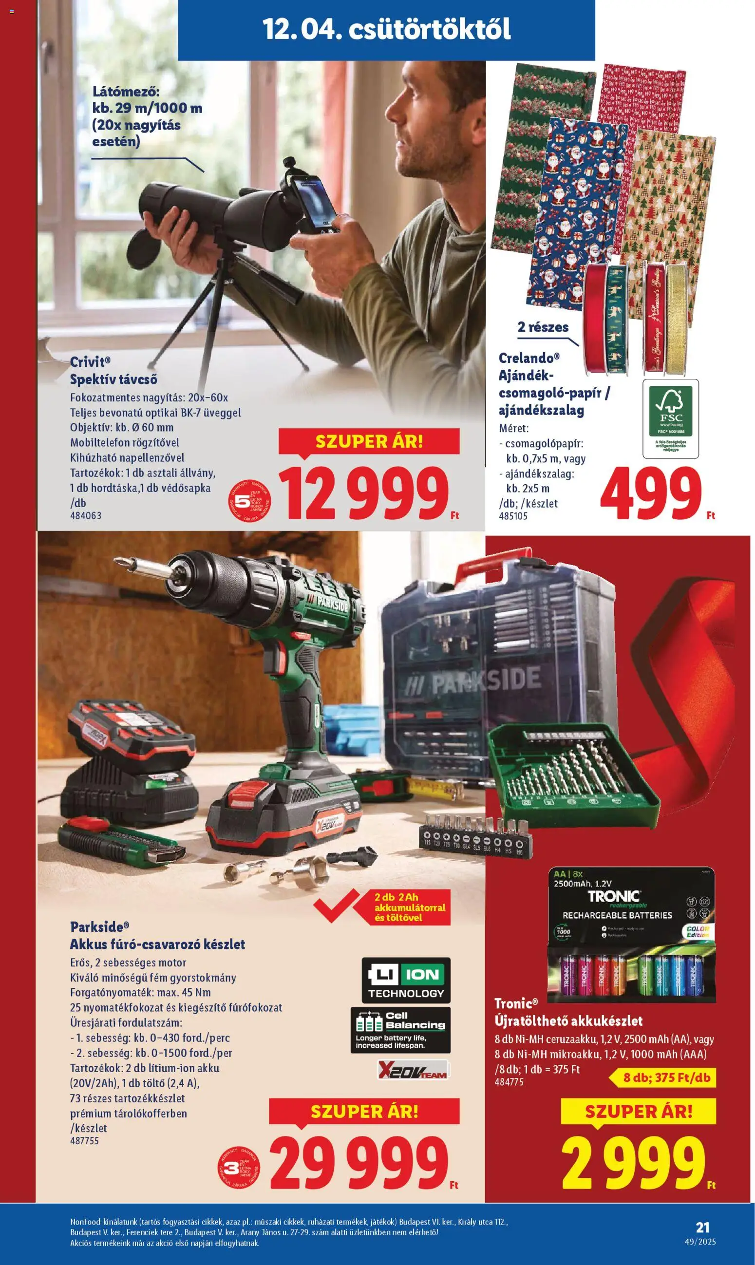 Lidl akciós ujság - amely érvényes a következő dátumtól: 04.12.2025 | Oldal: 21 | Termékek: Parkside, Távcső, Játékok, Töltő