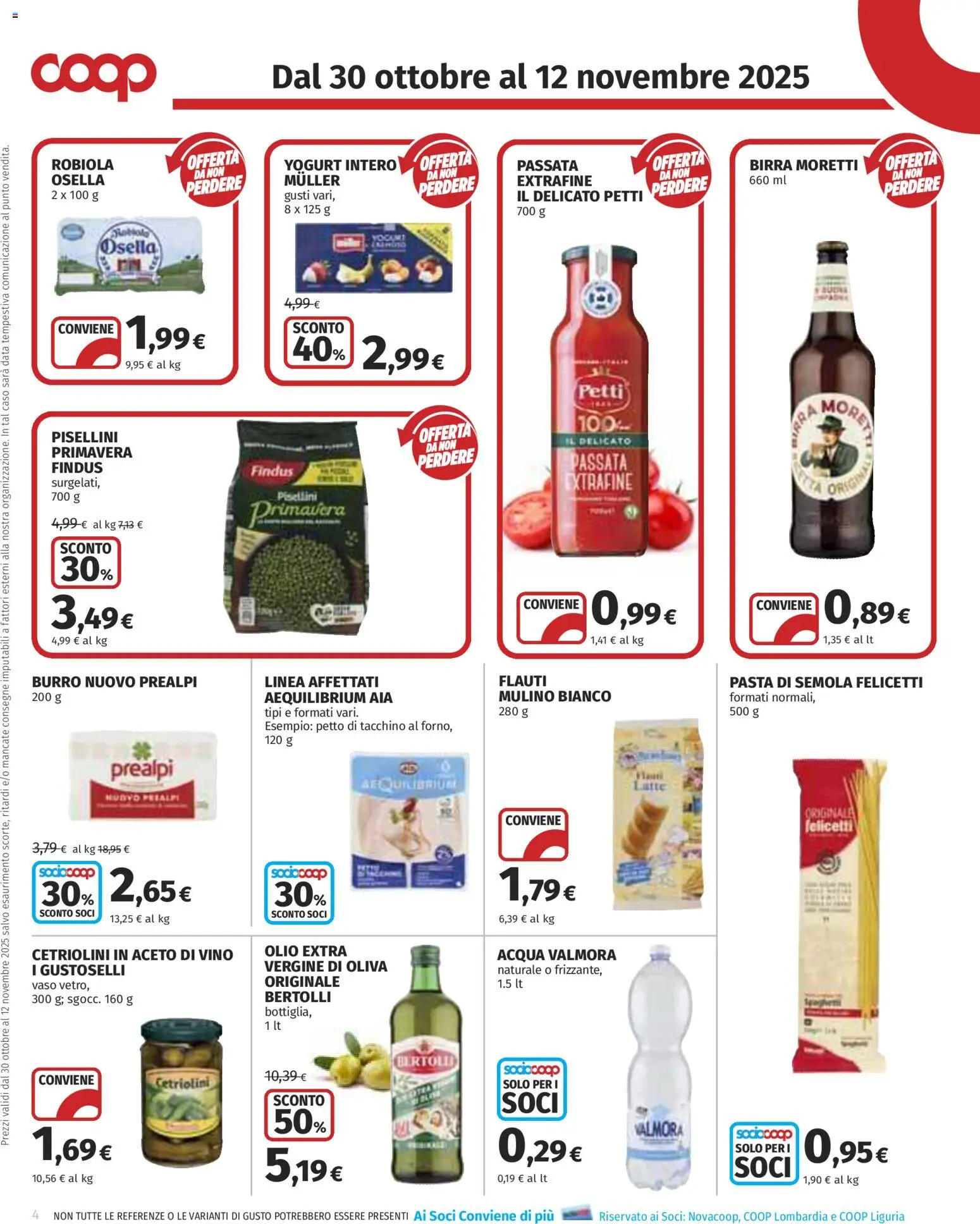 Volantino COOP del 30.10.2025 | Pagina: 4 | Prodotti: Acqua, Burro, Birra Moretti, Olio extra vergine