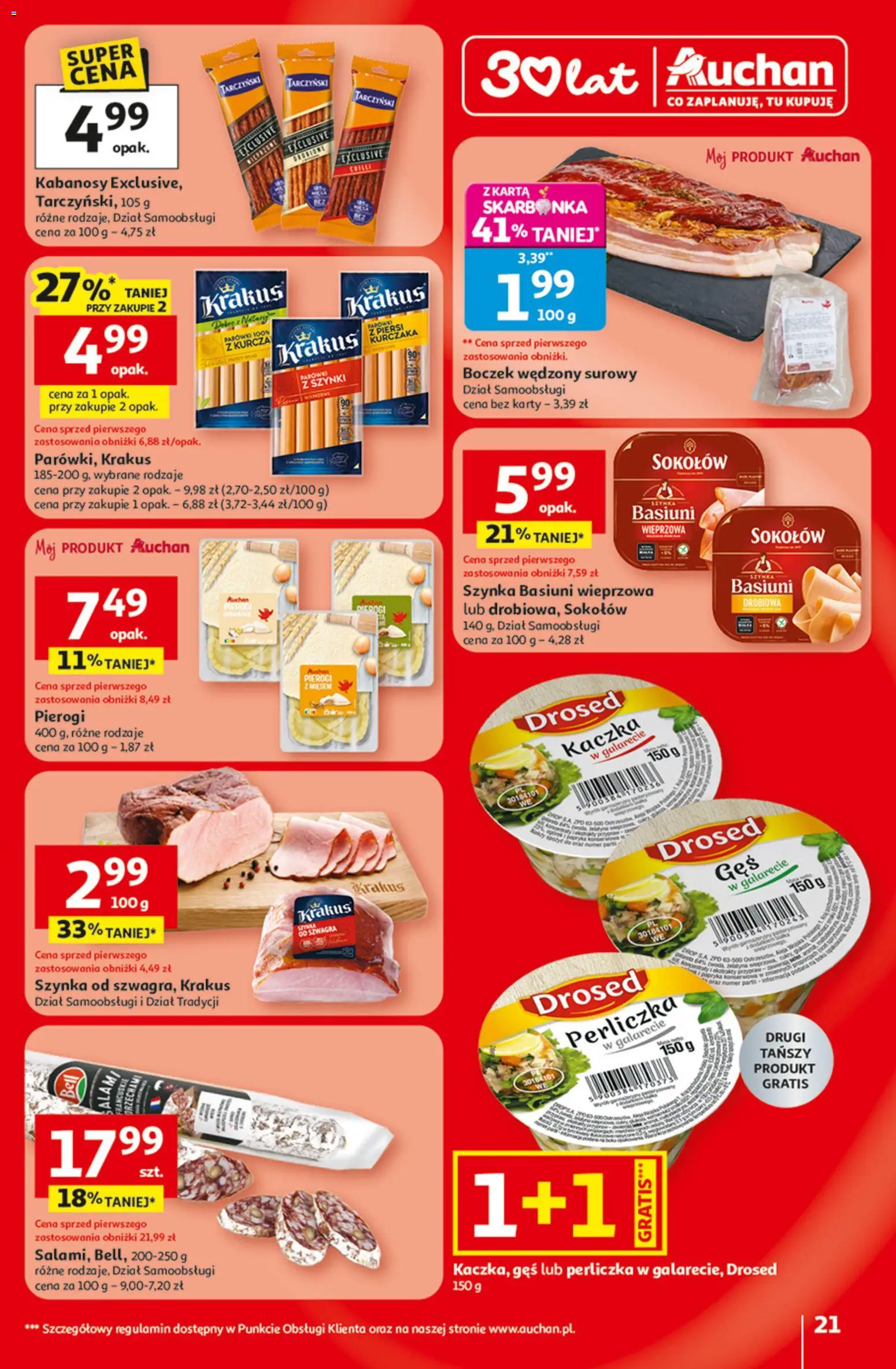 Auchan Gazetka - 30 Lat Hipermarket od 29.01.2026 | Strona: 21 | Produkty: Piersi, Pierogi, Boczek wędzony, Boczek