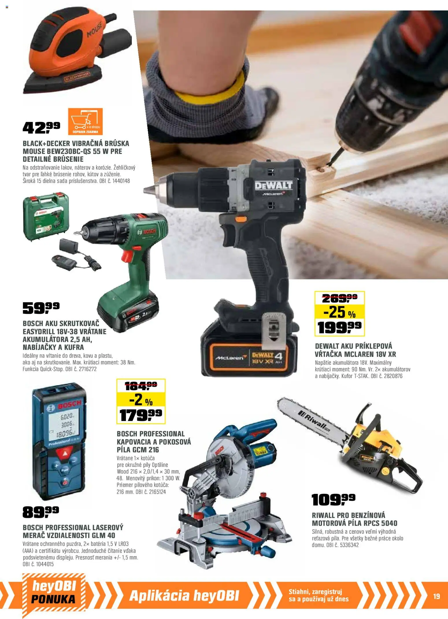 Nové OBI akcie – leták je platný od 01.12.2025 | Strana: 19 | Produkty: Motorová píla, Aku skrutkovač, Skrutkovač, Píla