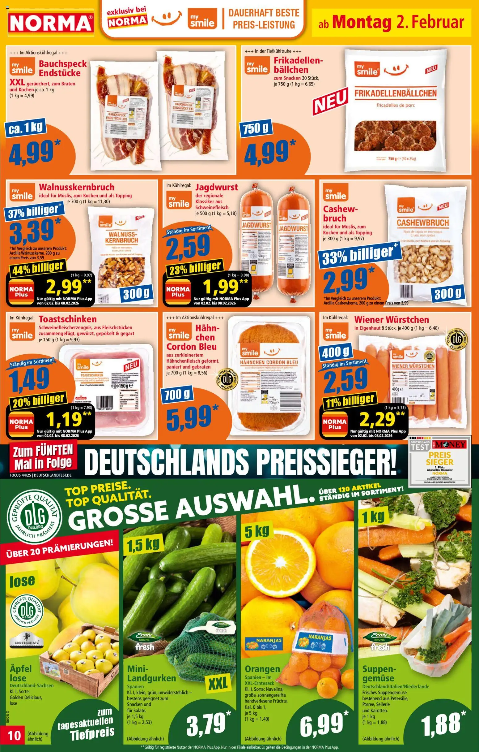 Norma Prospekt 	 – gültig ab 02.02.2026 | Seite: 10 | Produkte: Hahnchen, Äpfel, Orangen, Toastschinken
