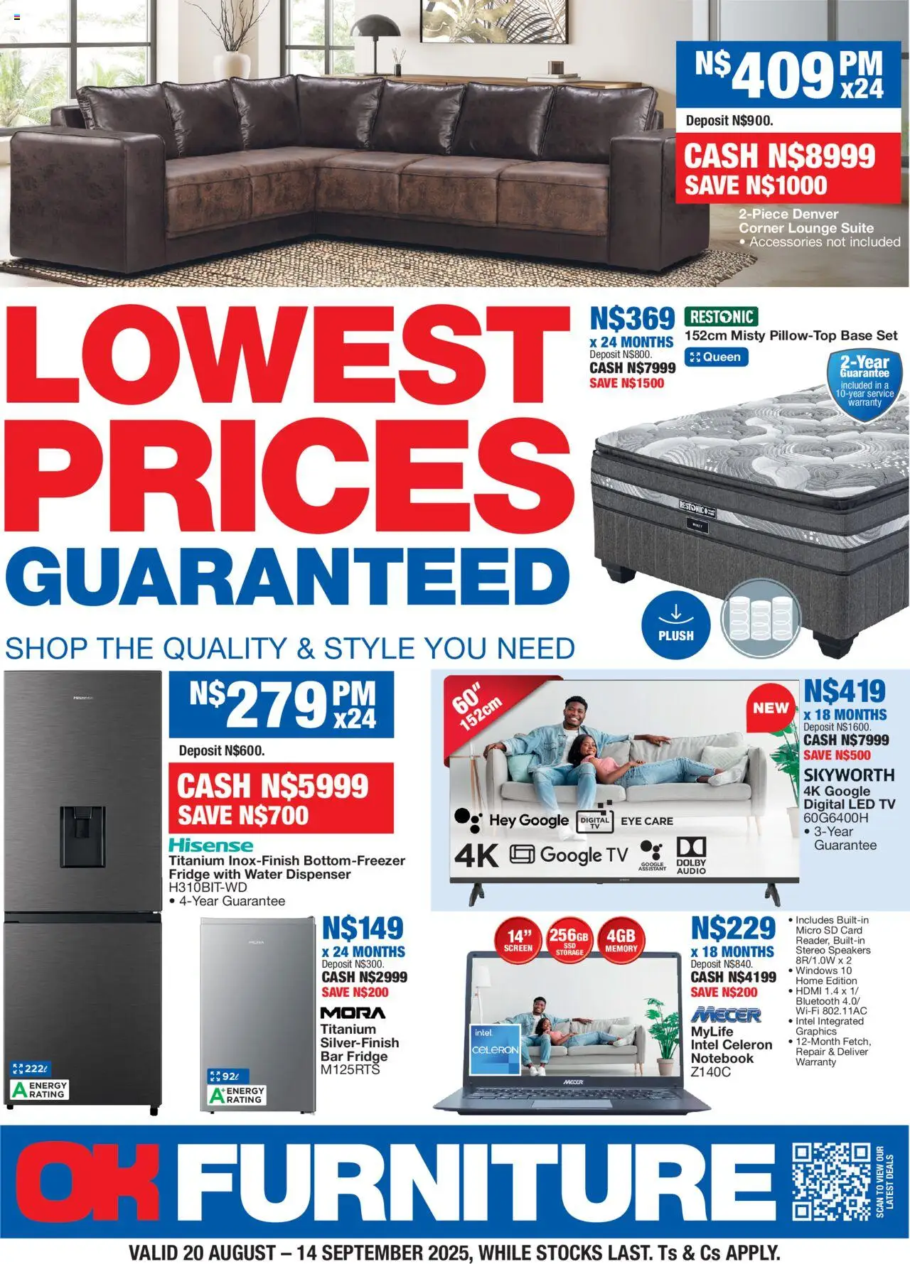 OK Furniture - Namibia Lowest Prices Specials │ valid from 20.08.2025 | Page: 1 | Products: Notebook, TV, Fridge, Lounge suite