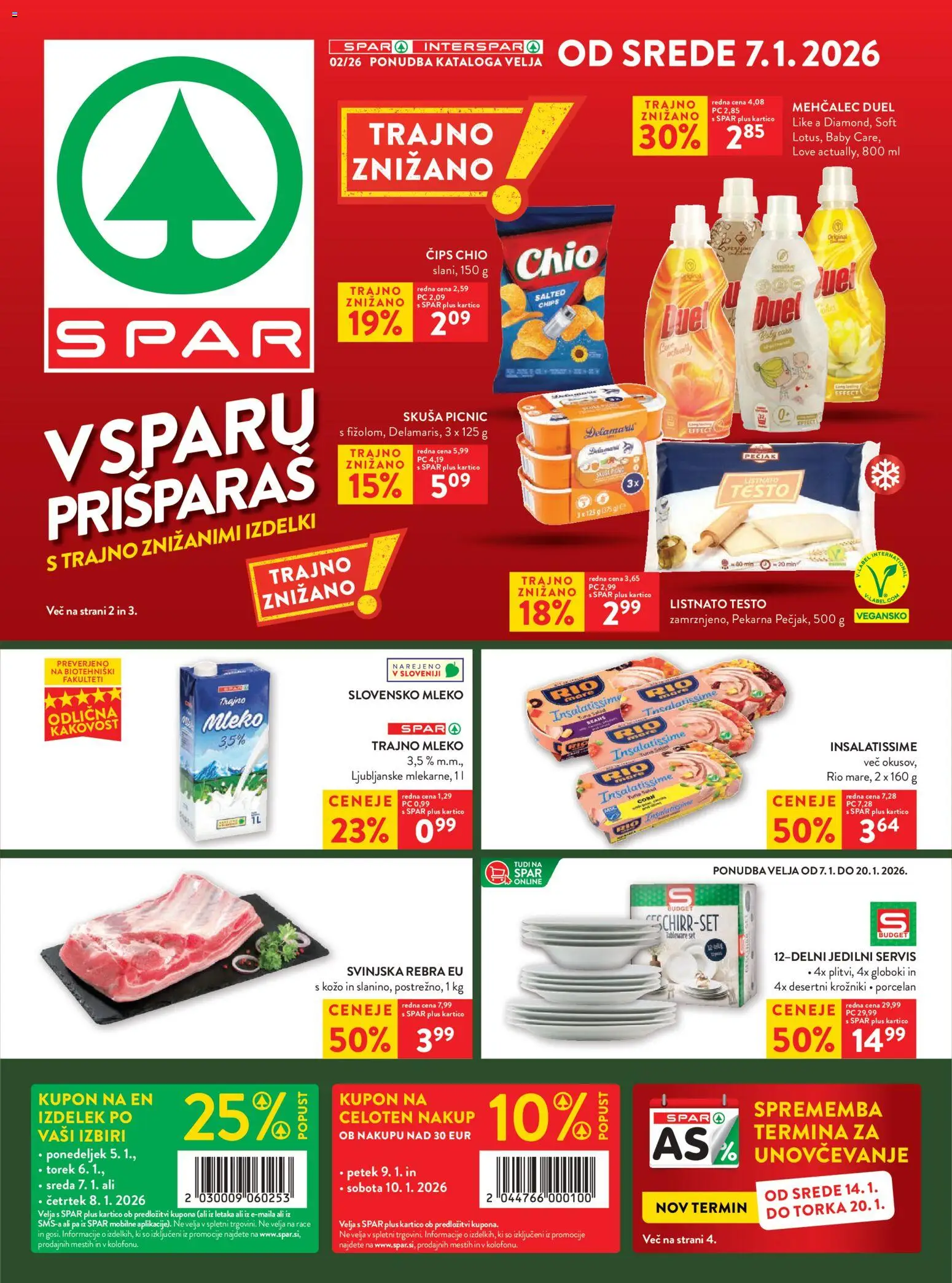 Novi Spar katalog ponudbe – veljaven od 07.01.2026 | Stran: 1 | Izdelki: Mehčalec, Pekarna, Tuna, Mleko