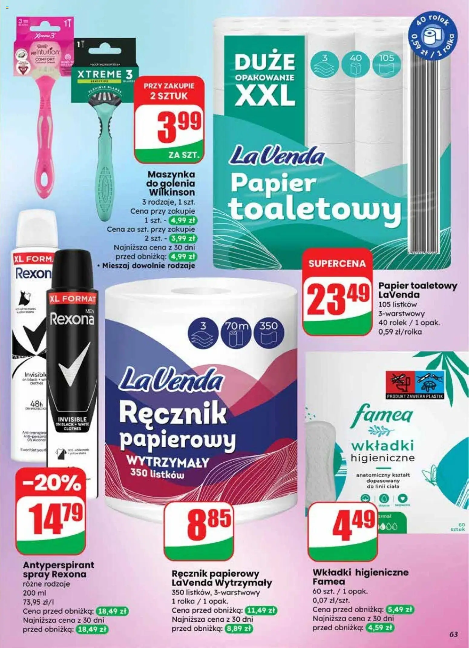 Dino Gazetka od 21.01.2026 | Strona: 63 | Produkty: Maszynka do golenia, Wkładki higieniczne, Antyperspirant, Ręcznik papierowy