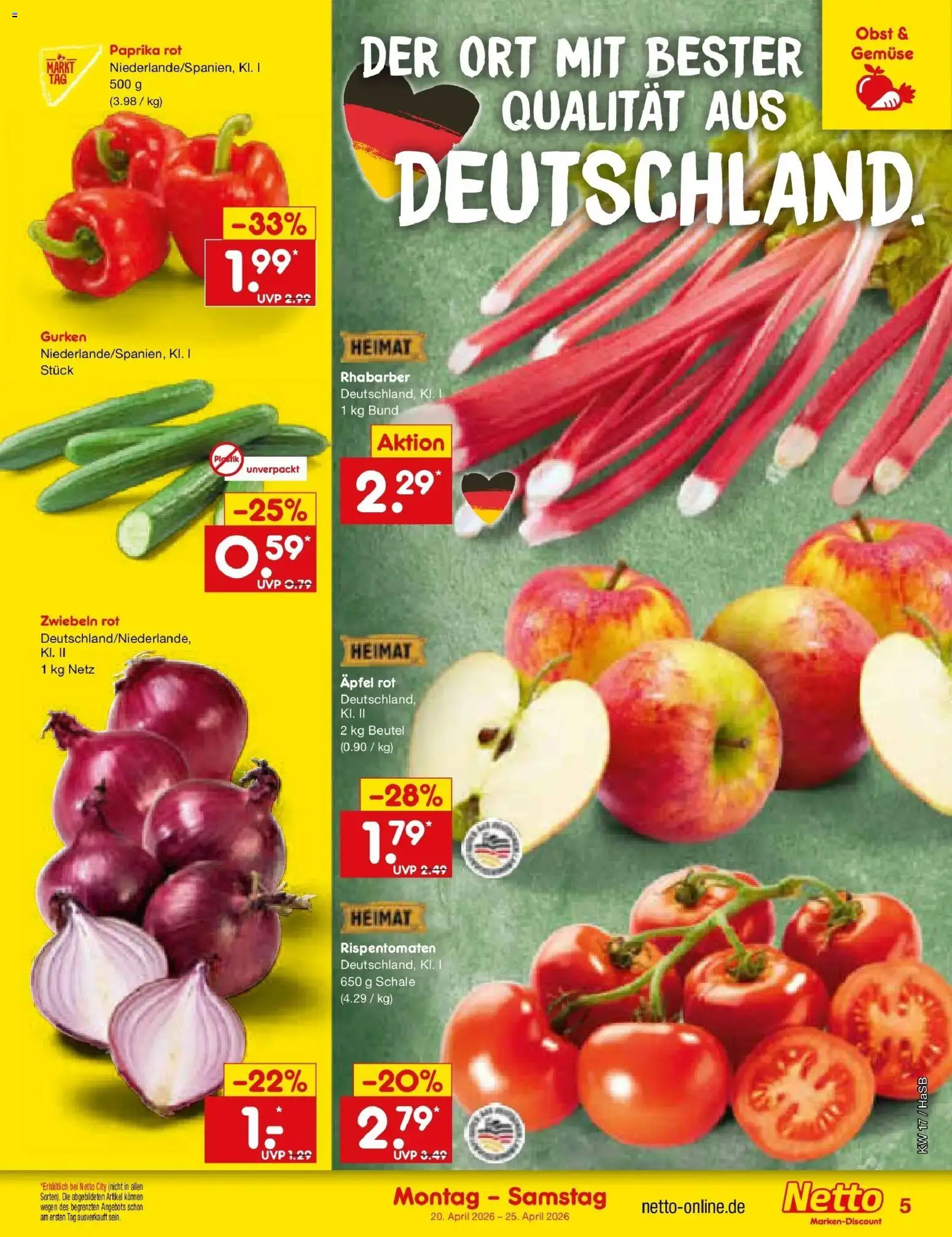 Netto Marken-Discount Prospekt Wuppertal	 – gültig ab 20.04.2026 | Seite: 7 | Produkte: Paprika rot, Äpfel, Gemüse, Rhabarber