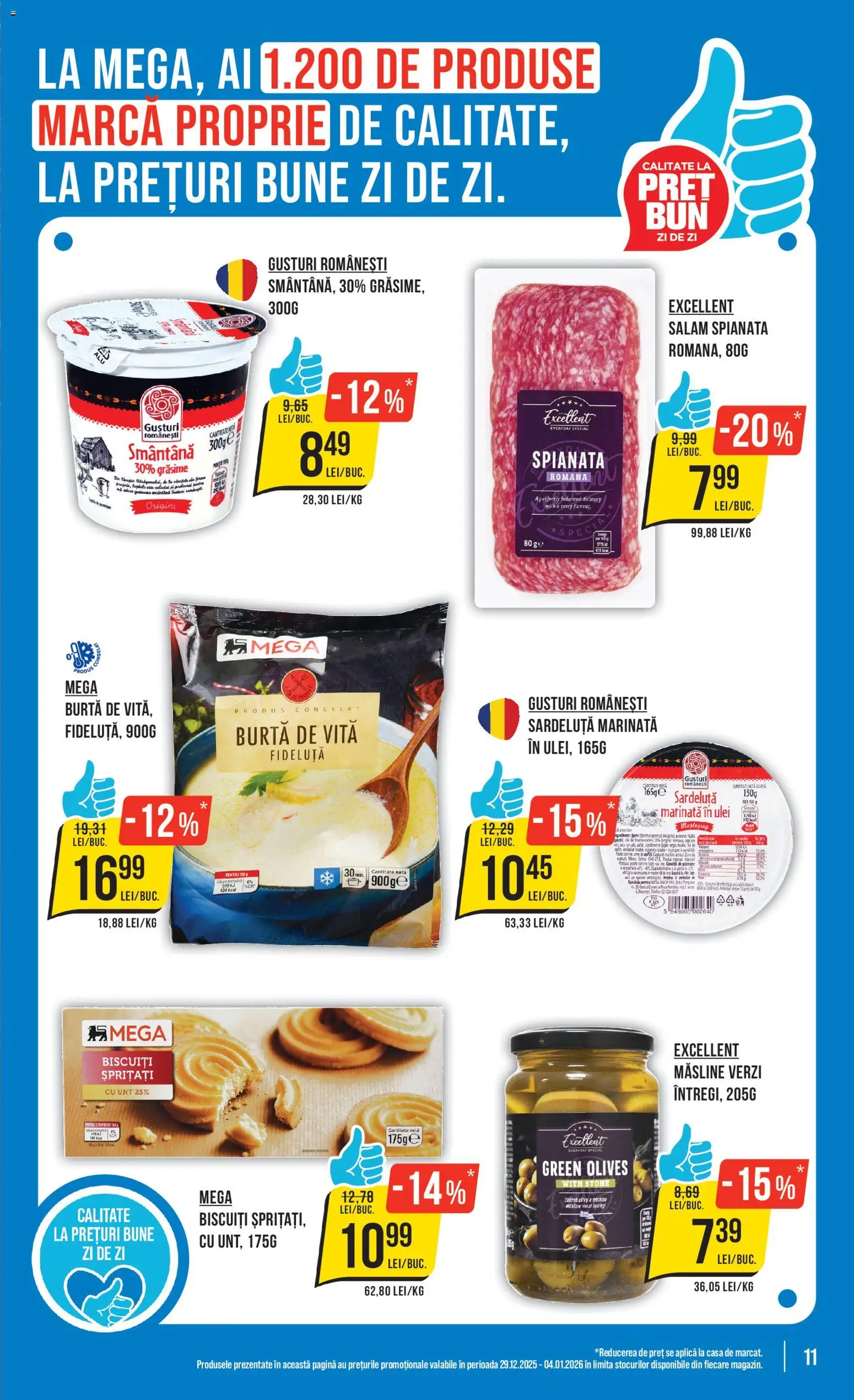 Noul catalog Mega Image – valabil de la 29.12.2025 | Pagină: 11 | Produse: Unt, Salam, Smântână, Biscuiți