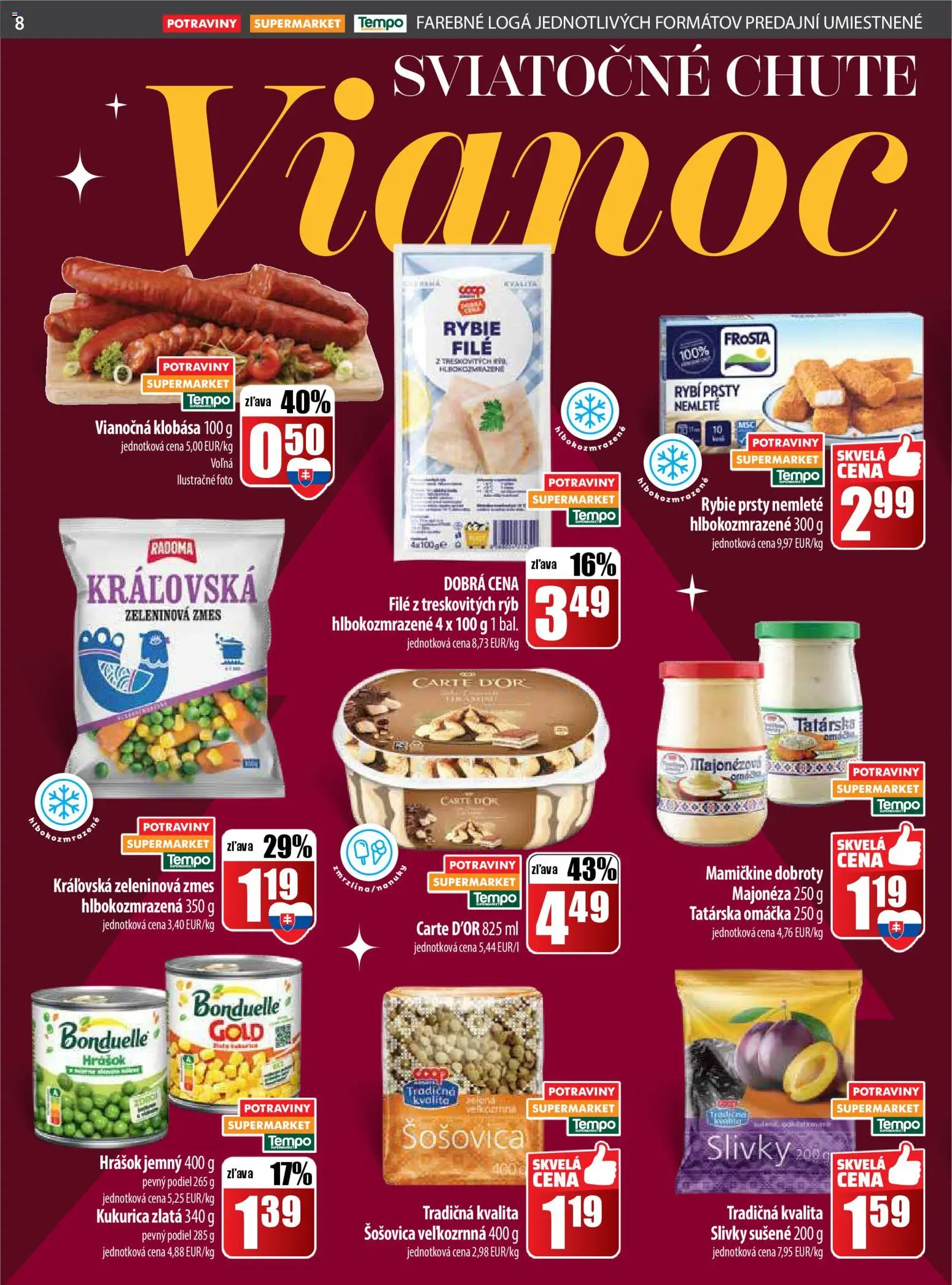 Nové COOP Jednota akcie – leták je platný od 18.12.2025 | Strana: 8 | Produkty: Zmrzlina, Omáčka, Kukurica, Slivky