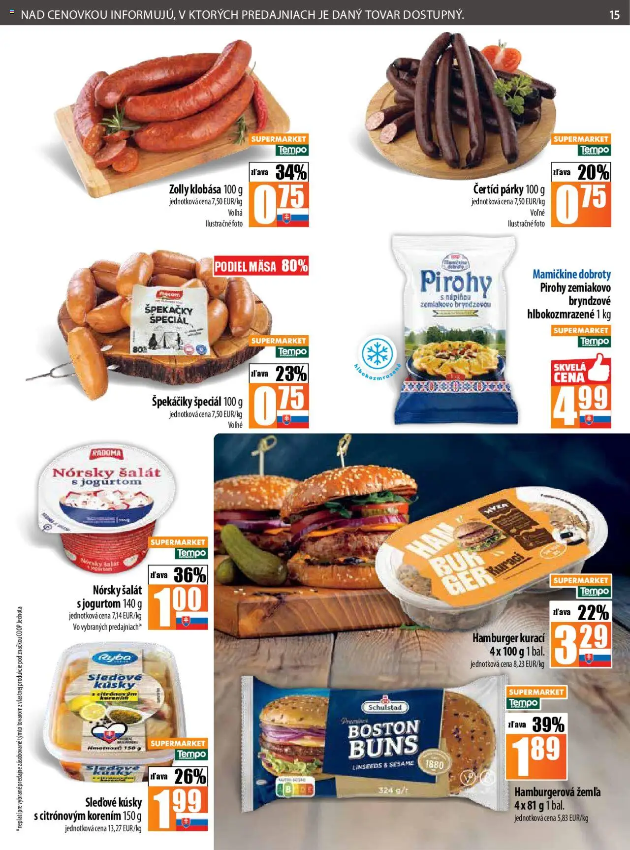 COOP Jednota leták │ platný od 21.08.2025 | Strana: 15 | Produkty: Pirohy, Klobása, Ryba, Párky