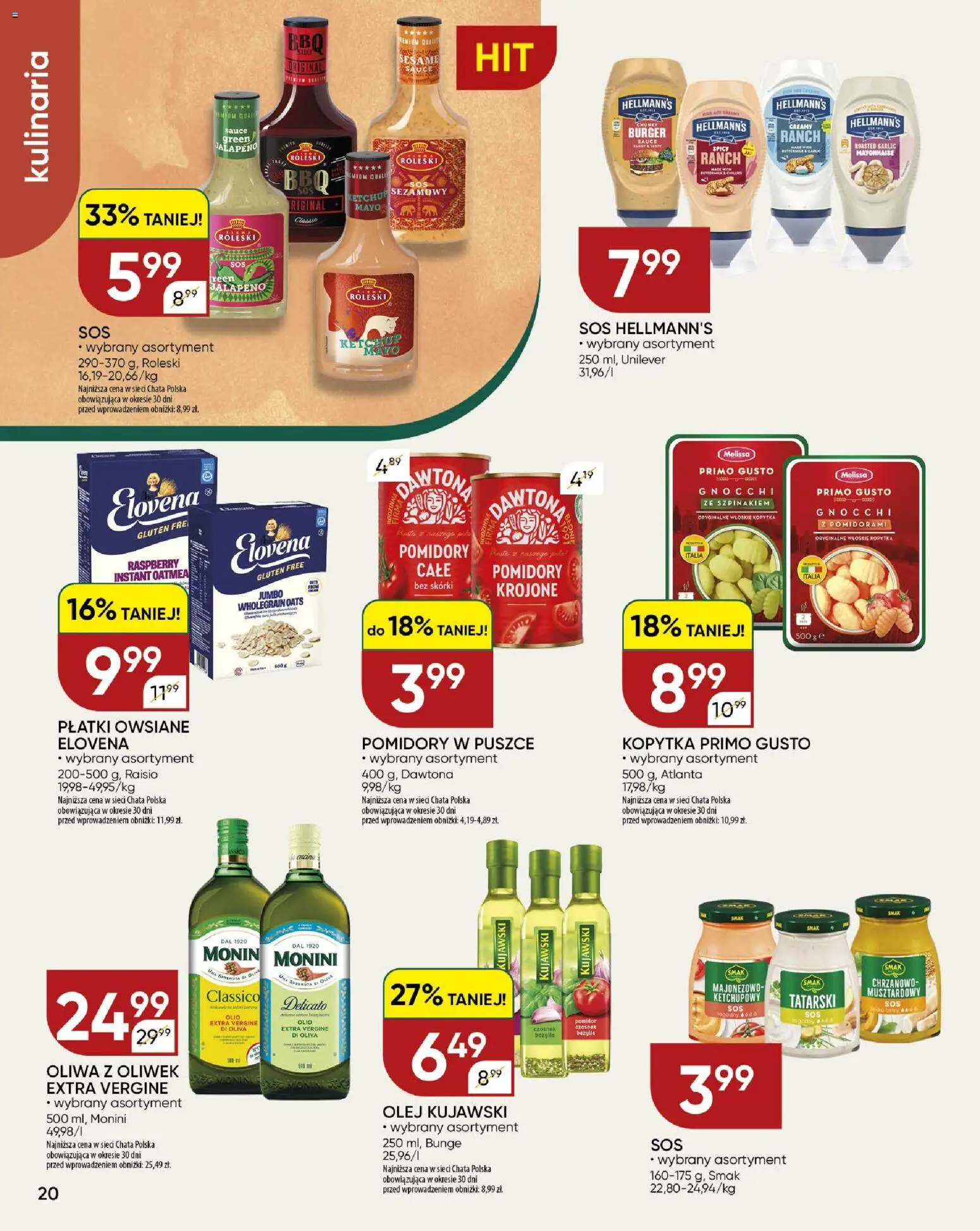 Chata Polska gazetka od 23.04.2026 | Strona: 20 | Produkty: Płatki owsiane, Oliwa z oliwek, Płatki, Kopytka