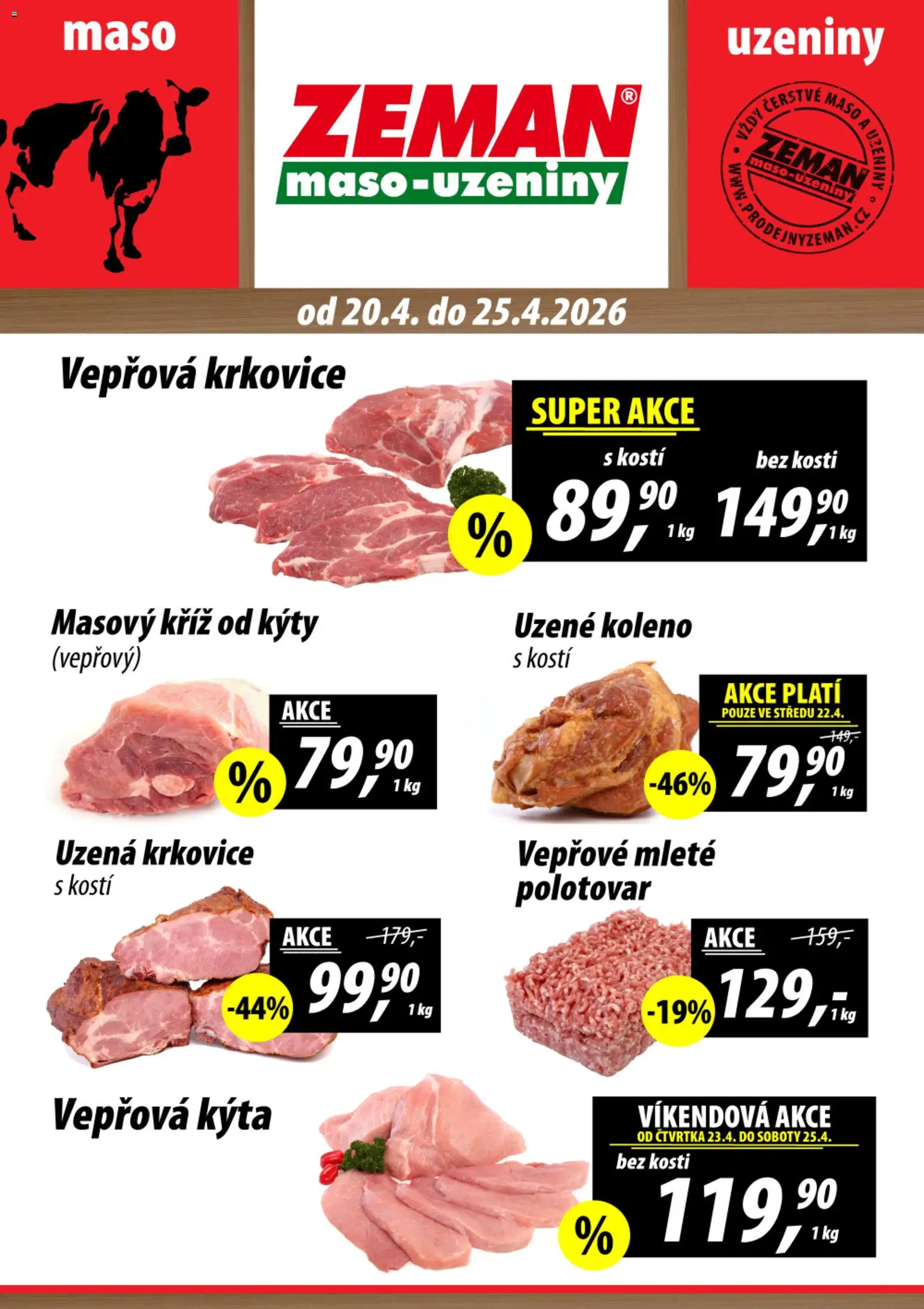 Prodejny Zeman leták od 20.04.2026 | Strana: 1 | Produkty: Vepřová Kýta, Uzené koleno, Kýta, Uzená krkovice