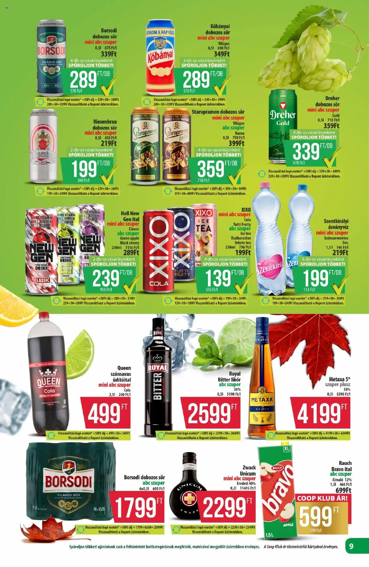 COOP akciós ujság - amely érvényes a következő dátumtól: 24.10.2025 | Oldal: 9 | Termékek: Ice tea, Dobozos sör, Sör, Likőr
