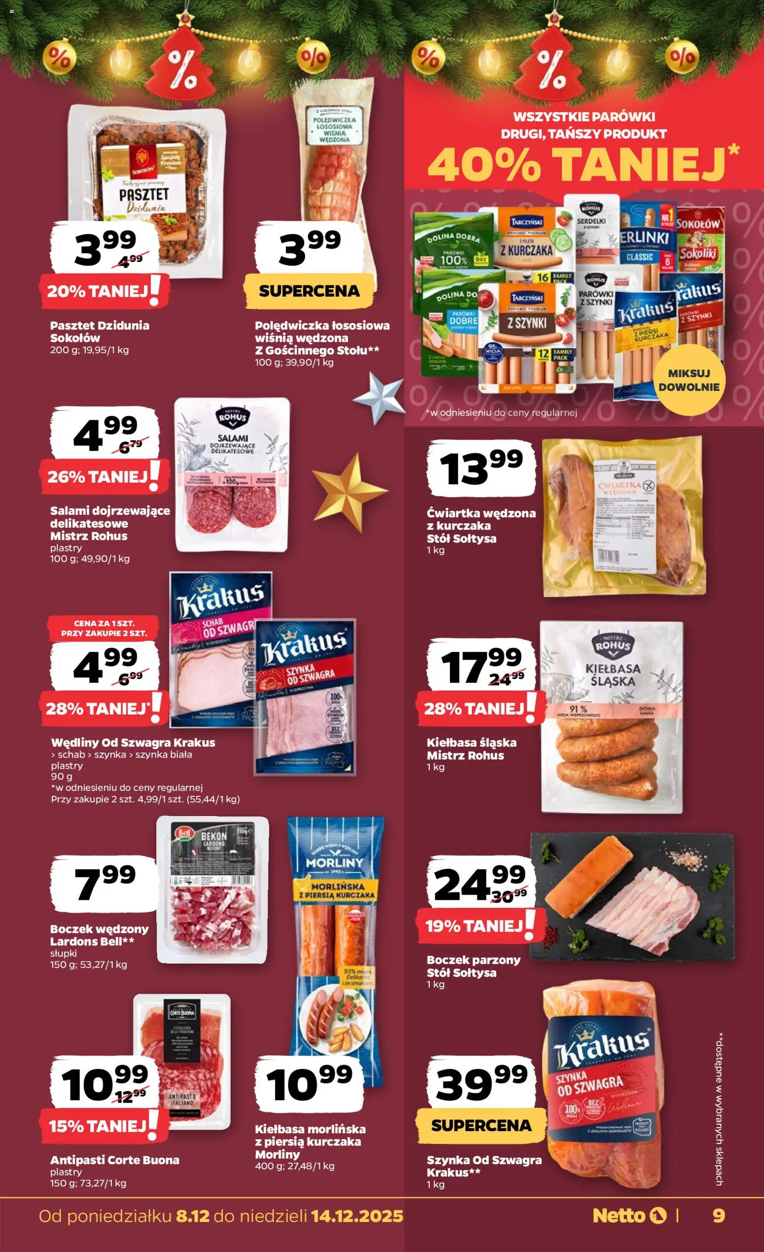 Netto gazetka - Spożywcza od 08.12.2025 | Strona: 9 | Produkty: Schab, Bekon, Salami, Wędliny