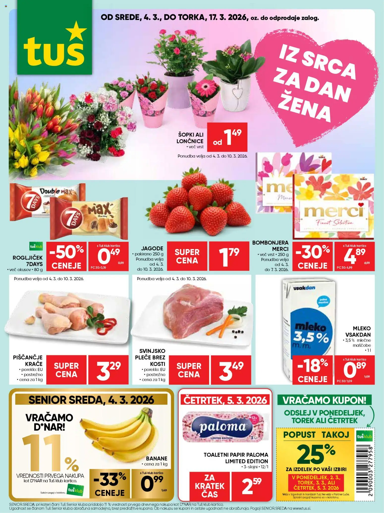 Novi Tuš katalog ponudbe – veljaven od 04.03.2026 | Stran: 1 | Izdelki: Toaletni papir, Mleko, Banane, Jagode