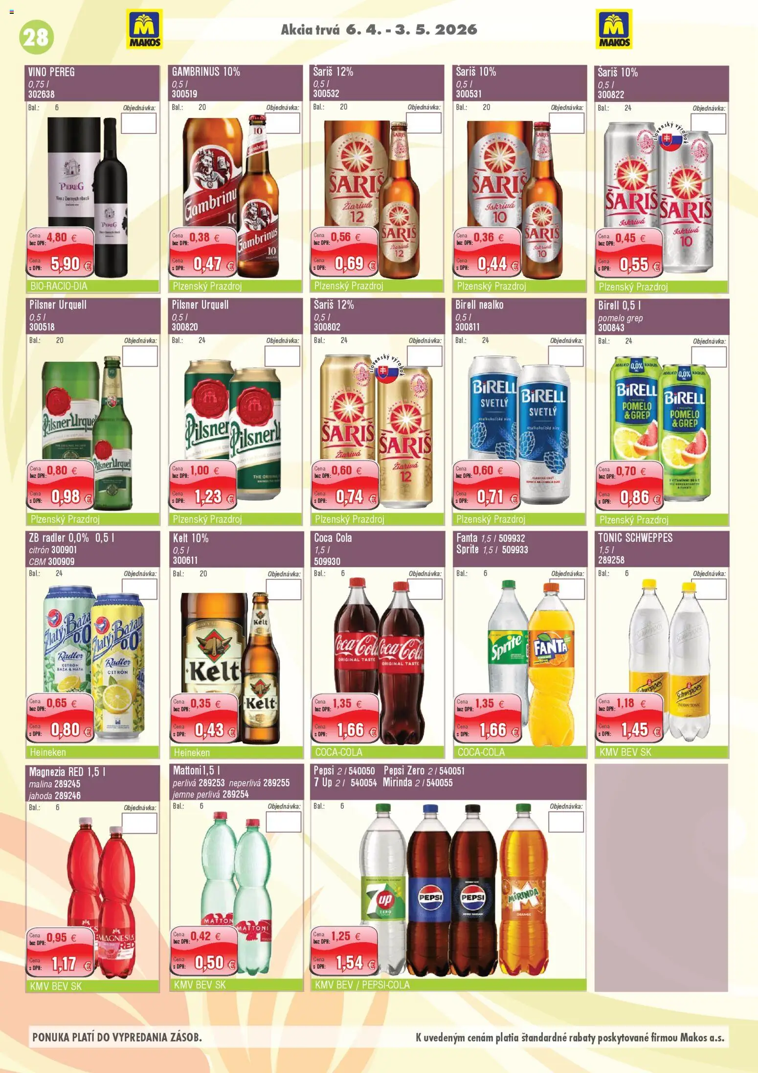 Nové Makos akcie – leták je platný od 06.04.2026 | Strana: 28 | Produkty: Kelt, Pepsi, Pomelo, Grep