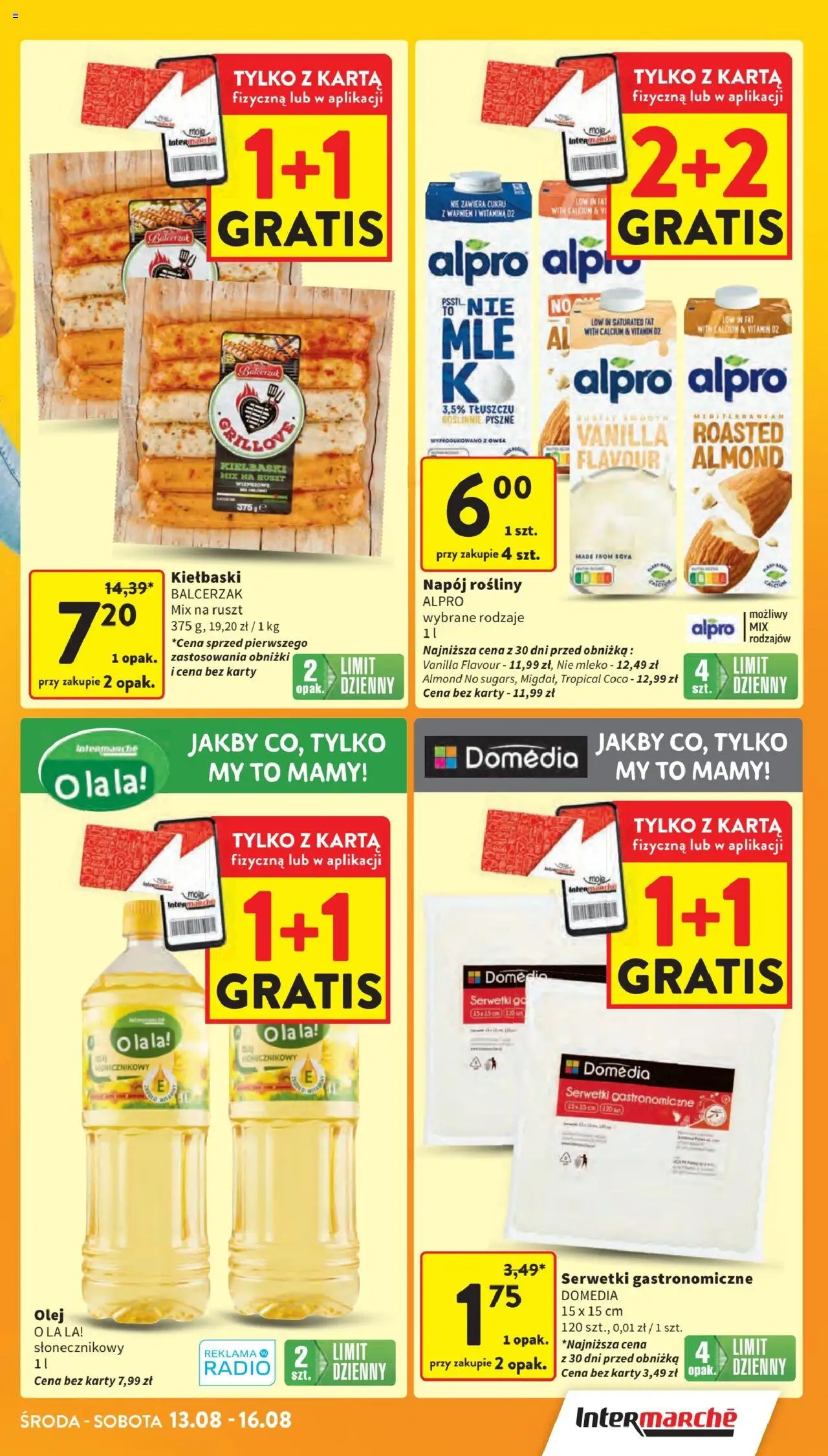 Intermarche Gazetka od 13.08.2025 | Strona: 3 | Produkty: Karta, Alpro, Kiełbaski, Mleko