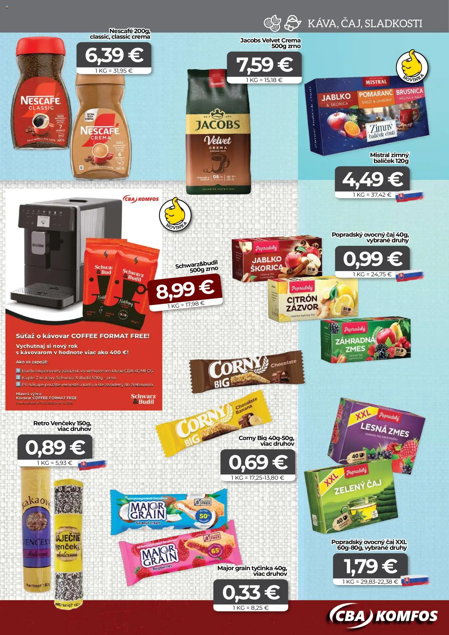 Nové CBA Komfos akcie – leták je platný od 12.12.2025 | Strana: 9 | Produkty: Kávovar, Jacobs Velvet, Čaj