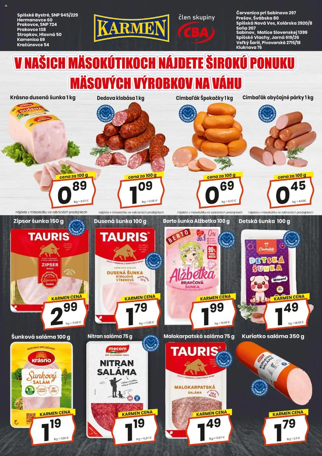 KARMEN CBA maloobchod │ platný od 17.07.2025 | Strana: 4 | Produkty: Saláma, Šunka, Klobása, Párky
