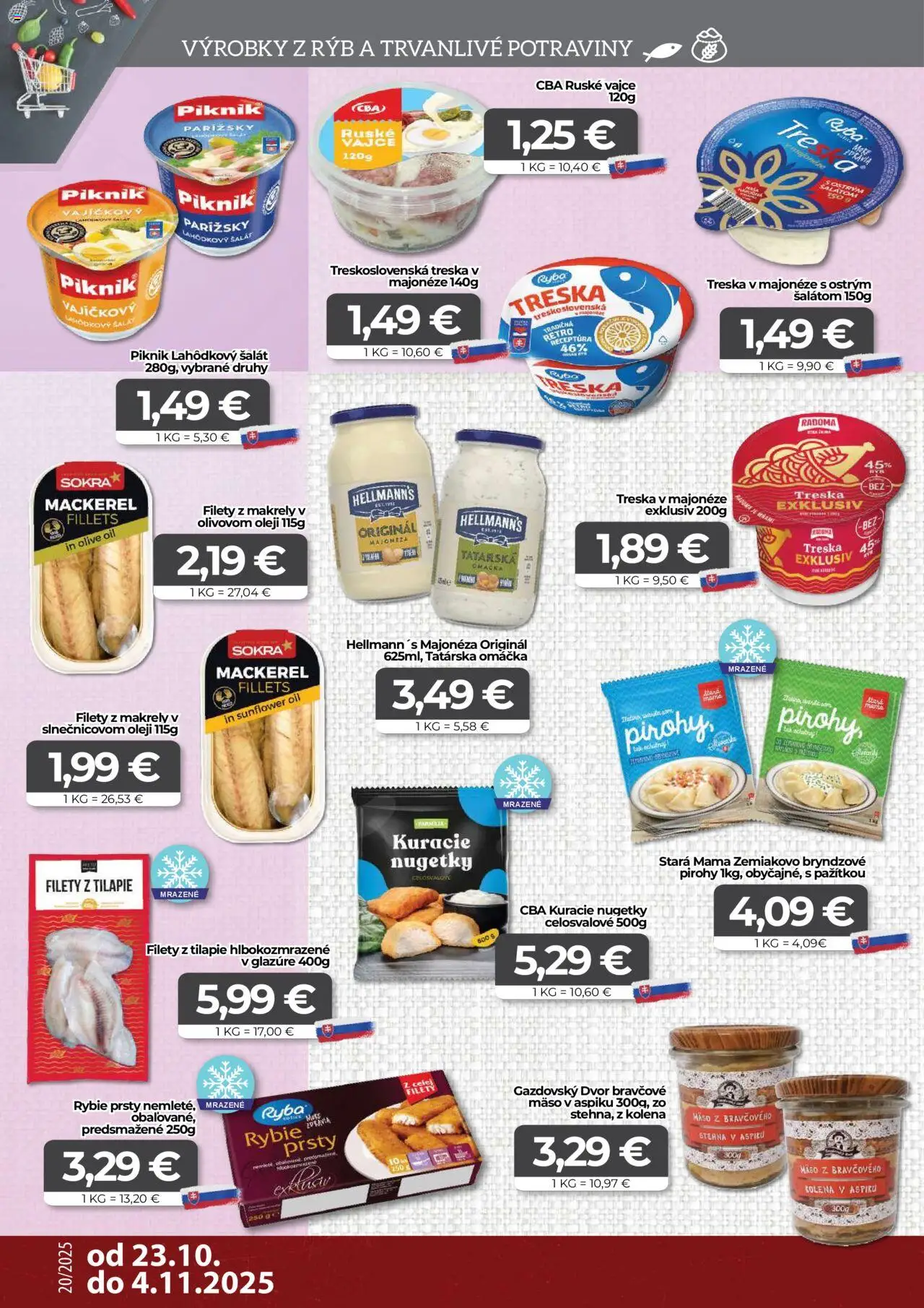 Nové CBA Komfos akcie – leták je platný od 23.10.2025 | Strana: 6 | Produkty: Pirohy, Ryba, Tatárska omáčka, Omáčka