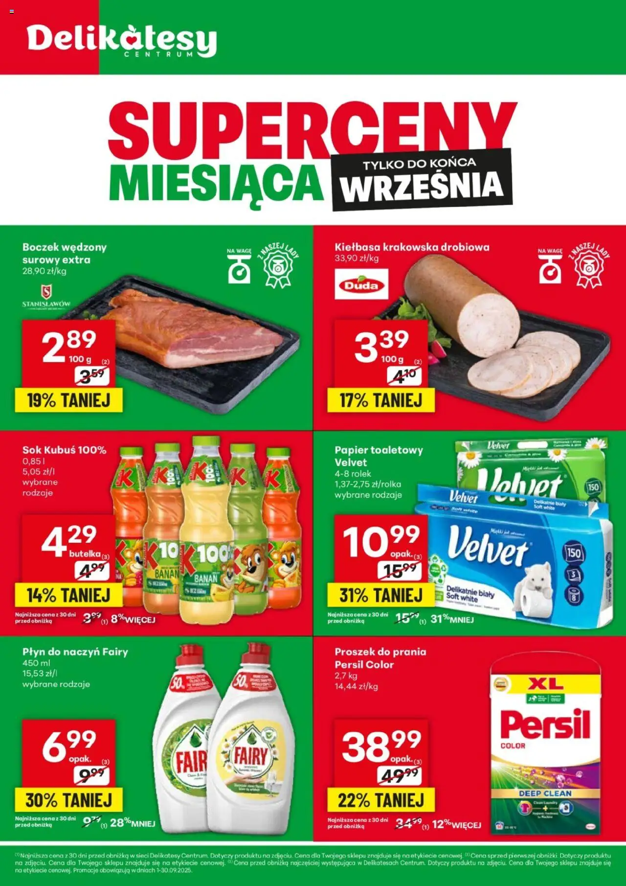 Delikatesy Centrum Gazetka - Superceny Miesiąca od 01.09.2025 | Strona: 1 | Produkty: Kiełbasa, Boczek wędzony, Fairy, Proszek do prania