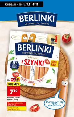 Pogląd oferty "Parówki z szynki Berlinki, 360 g, Parówki z szynki" - ważna od 03.11.2025 | Strona: 34 | Produkty: Karta, Mięso, Parówki z szynki, Parówki