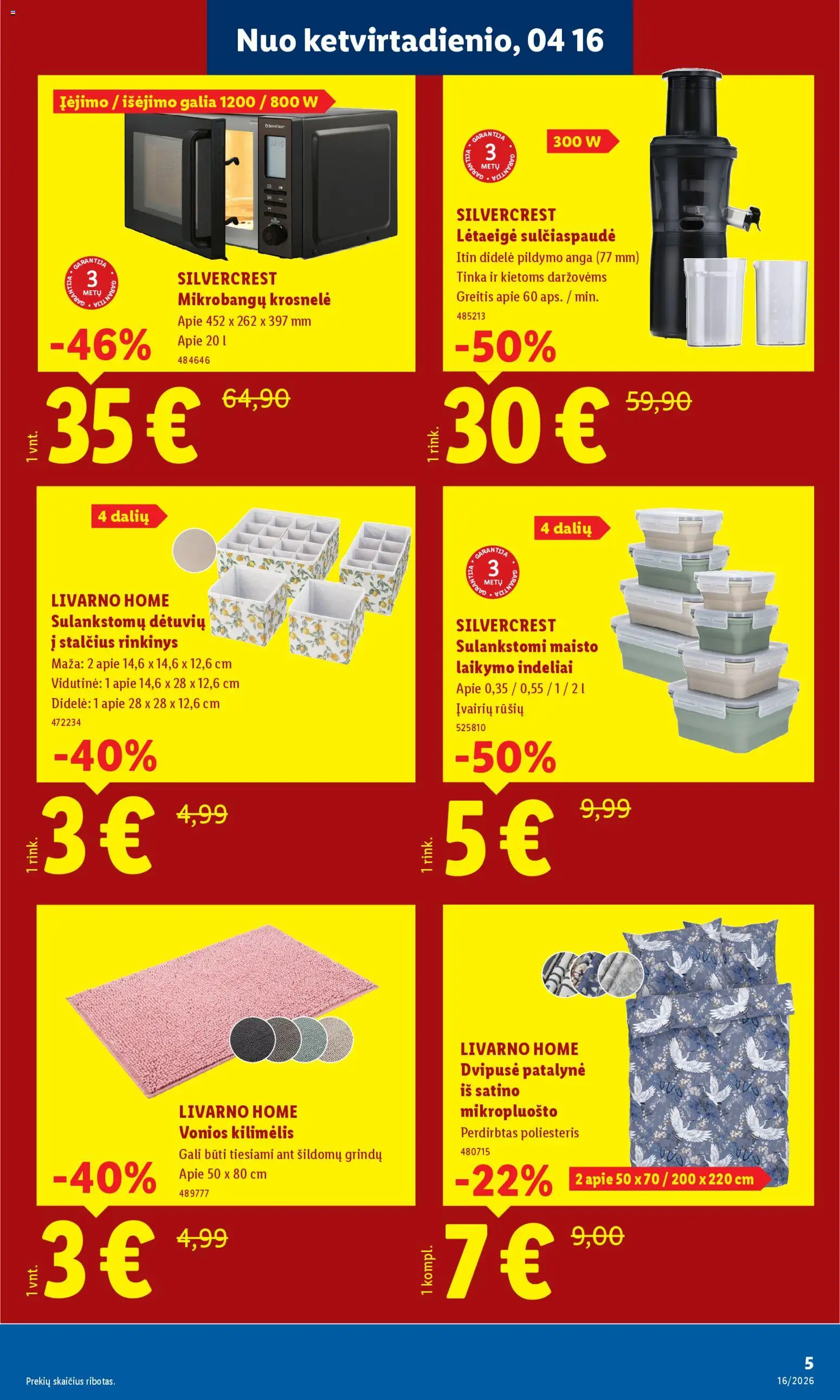 LIDL akcijos nuo 16.04.2026 | Puslapis: 5 | Prekių: Sulčiaspaudė, Kilimėlis, Vonios kilimėlis, Mikrobangų krosnelė
