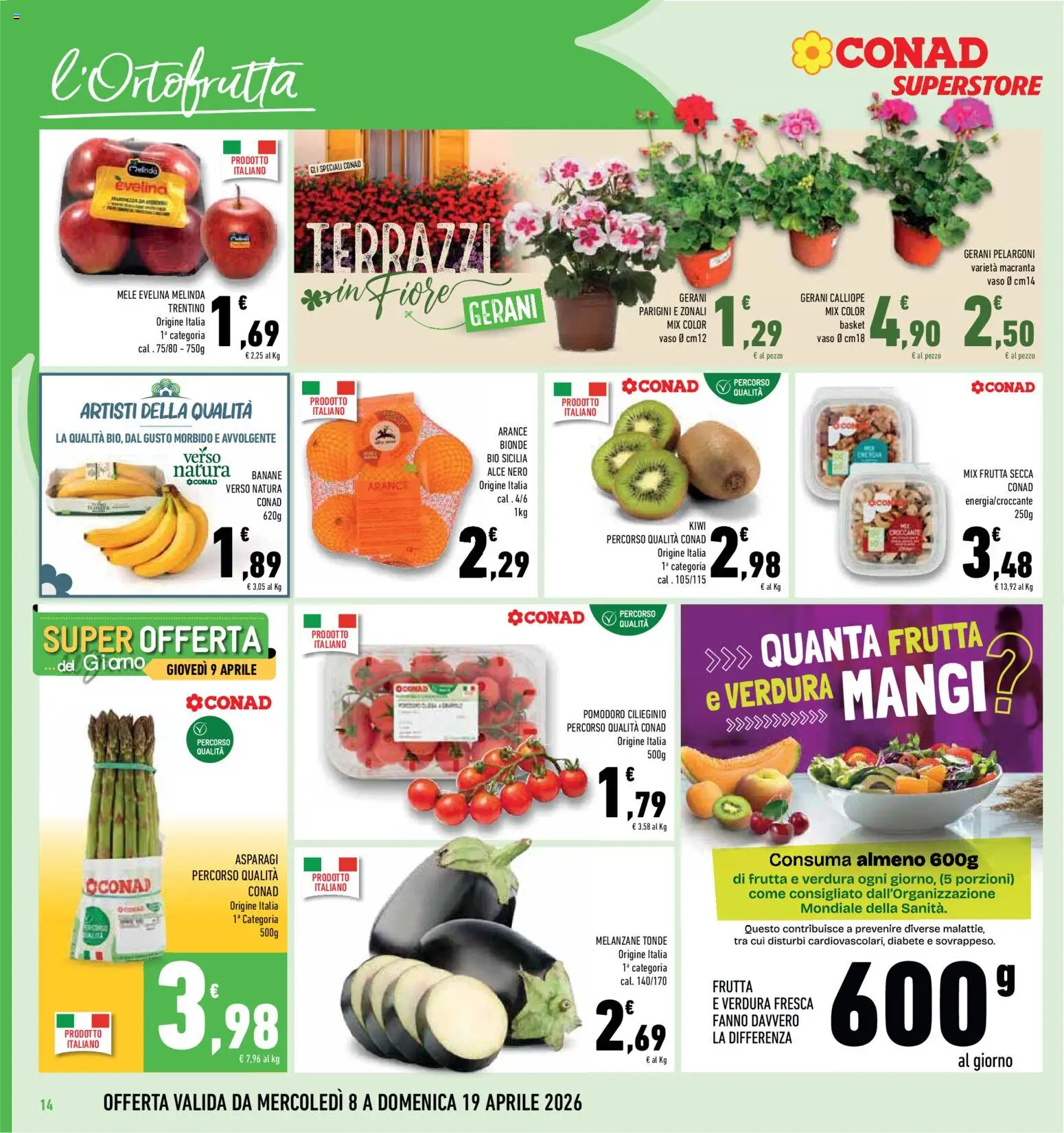 Volantino Conad del 08.04.2026 | Pagina: 14 | Prodotti: Kiwi, Frutta, Melanzane, Vaso