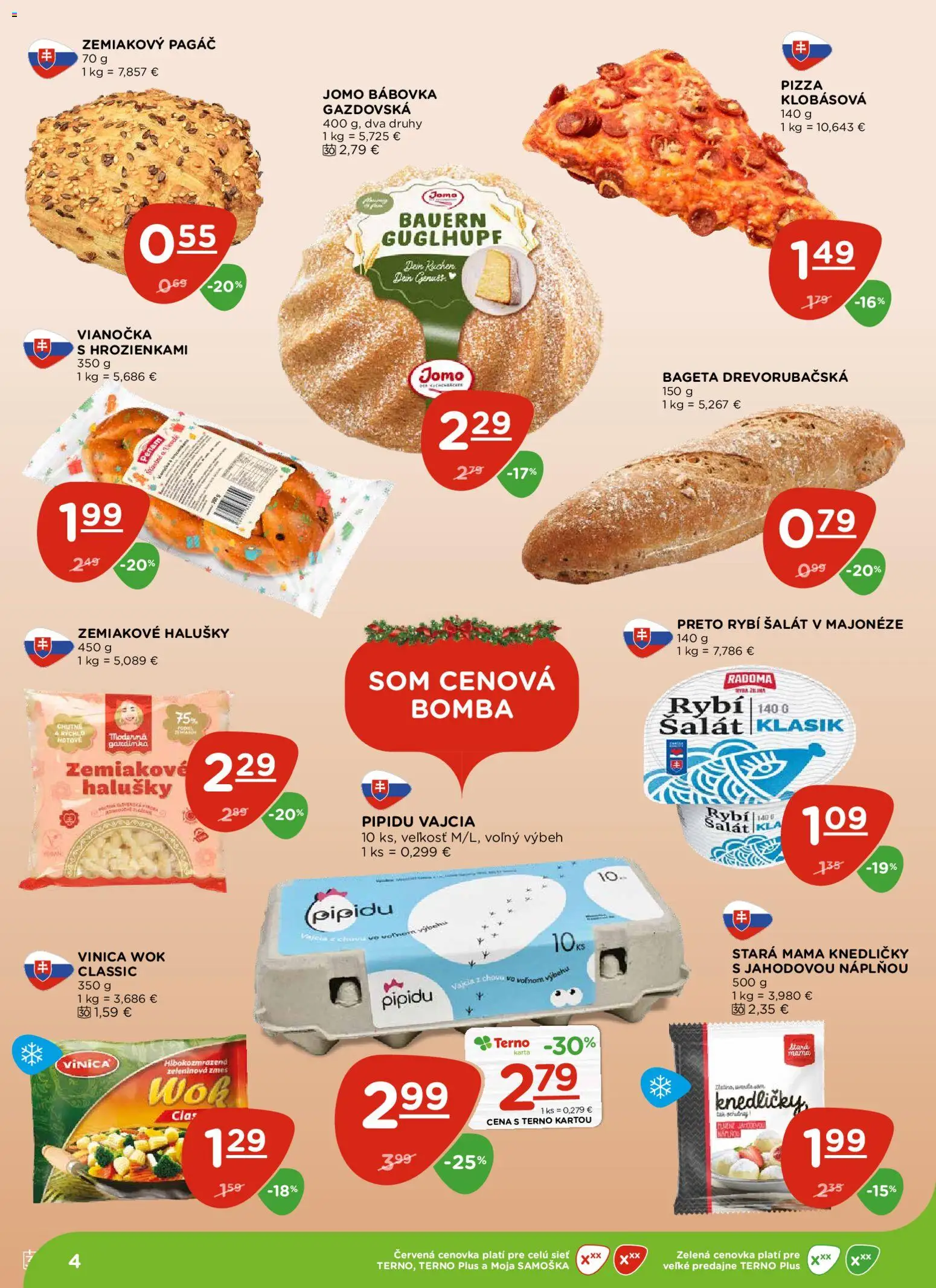 Nové Terno akcie – leták je platný od 11.12.2025 | Strana: 4 | Produkty: Vajcia, Pizza, Vianočka, Šalát