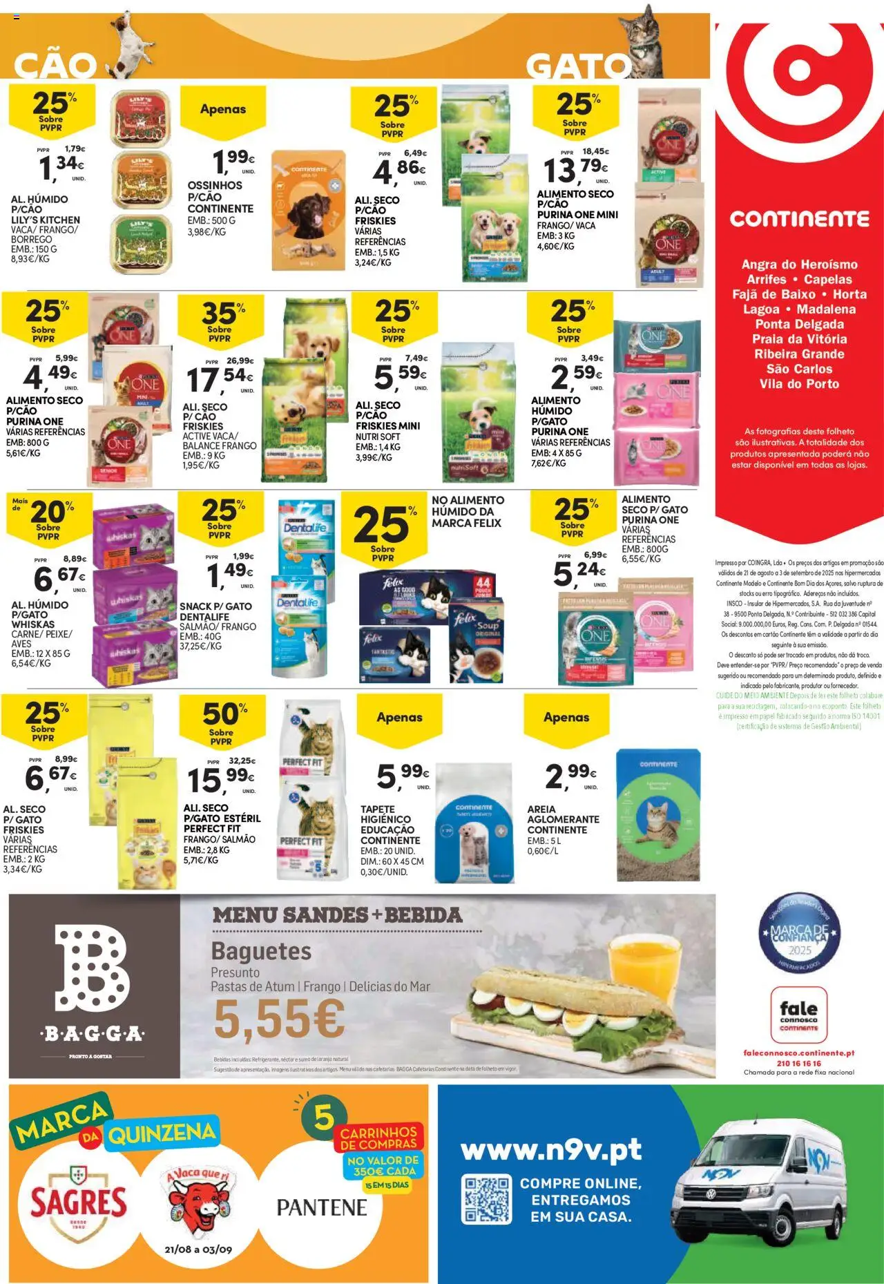 Continente Açores │ válido de 21.08.2025 | Página: 28 | Produtos: Purina one, Areia, Presunto, Sumo