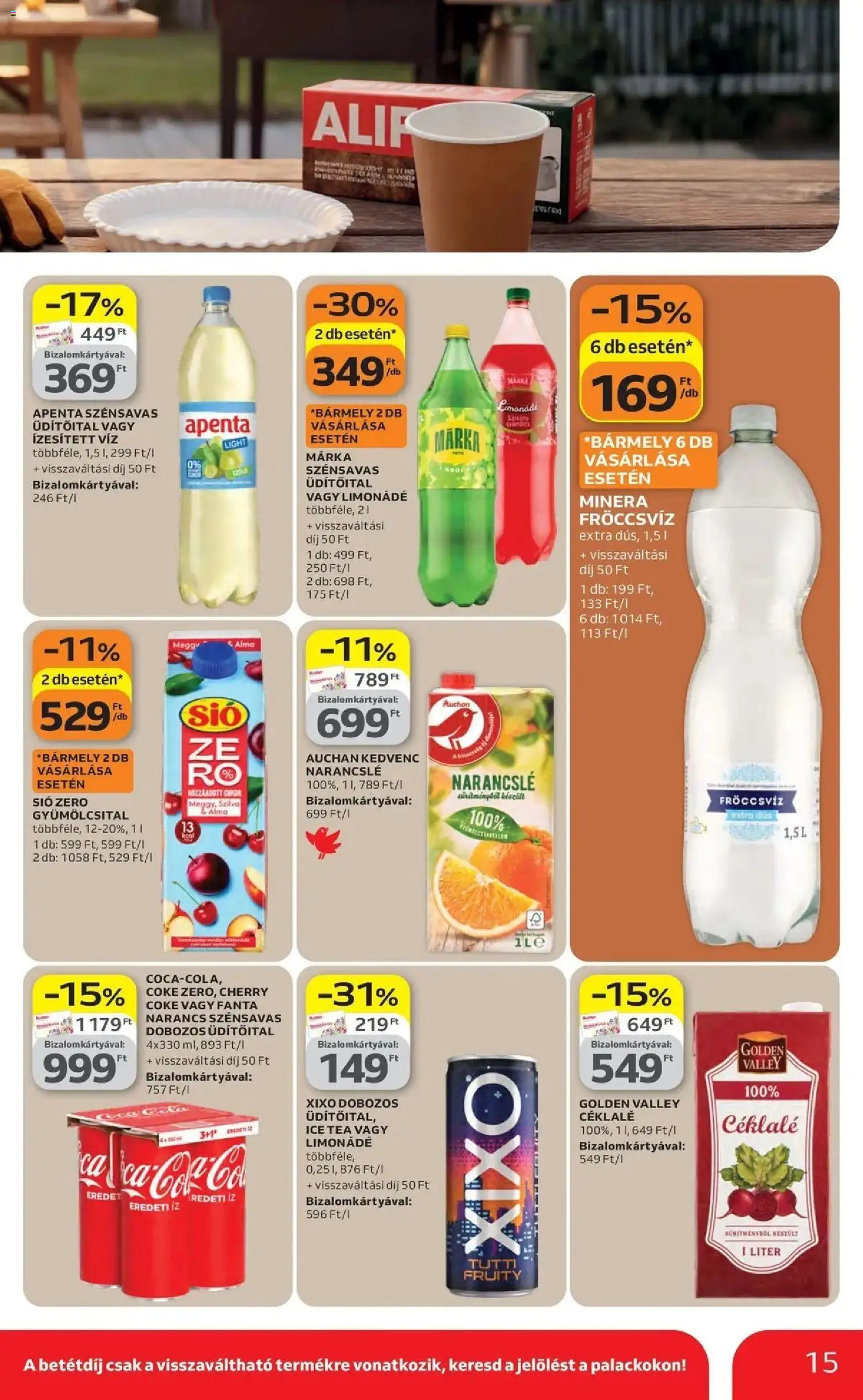 Auchan akciós ujság - amely érvényes a következő dátumtól: 16.04.2026 | Oldal: 15 | Termékek: Gyümölcsital, Limonádé, Alma, Narancslé