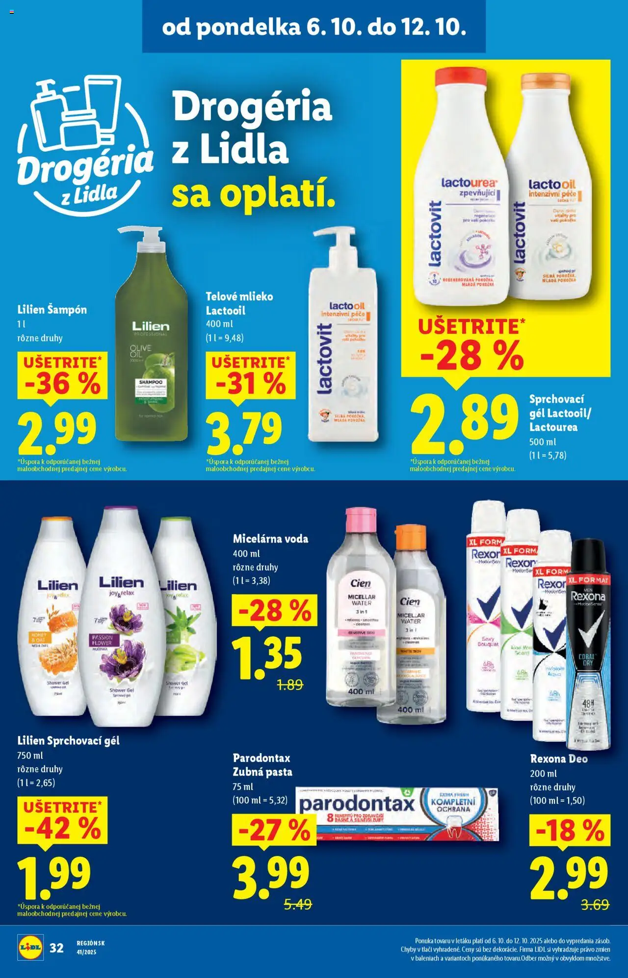 Nové Lidl akcie – leták je platný od 06.10.2025 | Strana: 44 | Produkty: Šampón, Zubná pasta, Voda, Lactovit