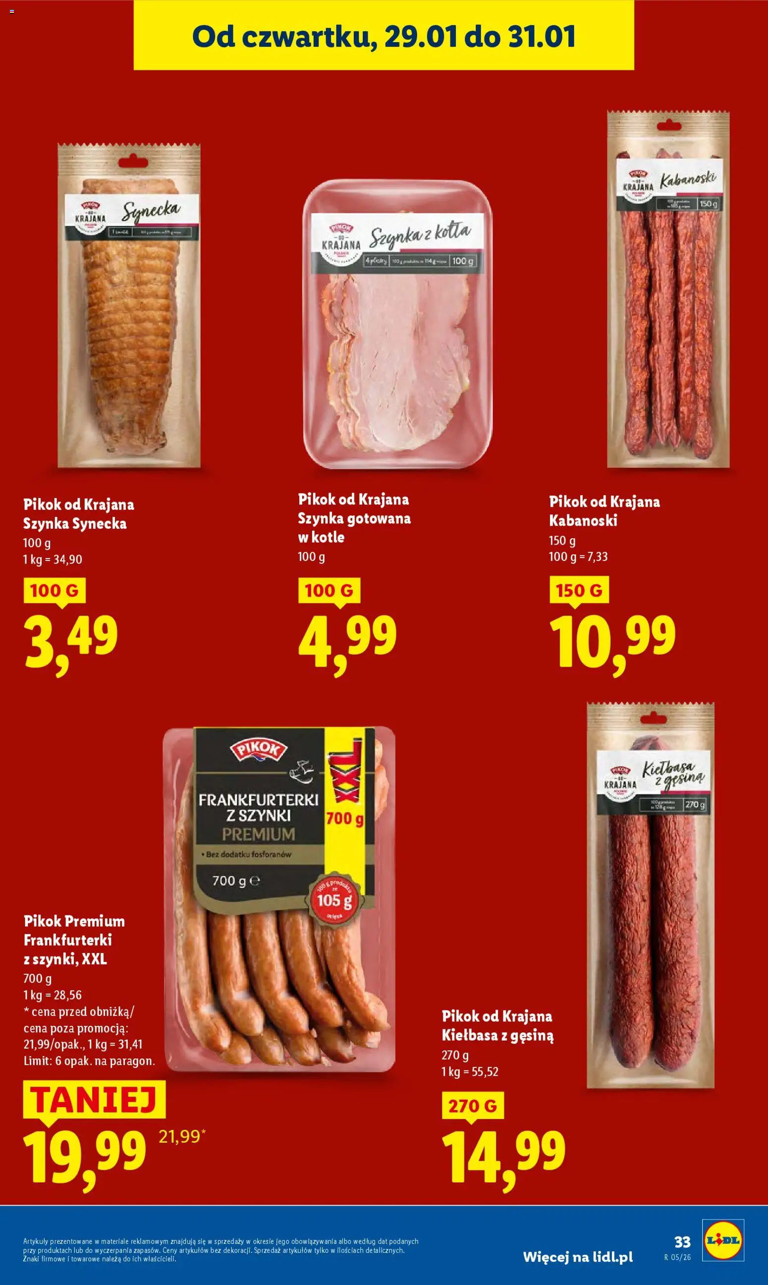 Lidl Gazetka od 29.01.2026 | Strona: 33 | Produkty: Kiełbasa, Frankfurterki, Szynka, Szynka gotowana