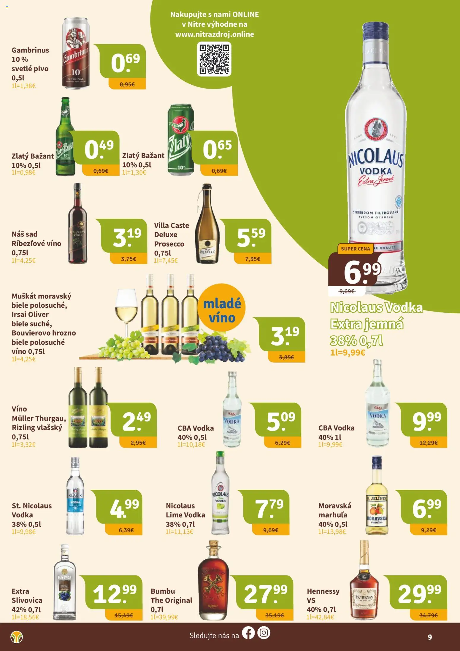 Nové Nitrazdroj akcie – leták je platný od 21.11.2025 | Strana: 9 | Produkty: Pivo, Víno, Prosecco, Vodka