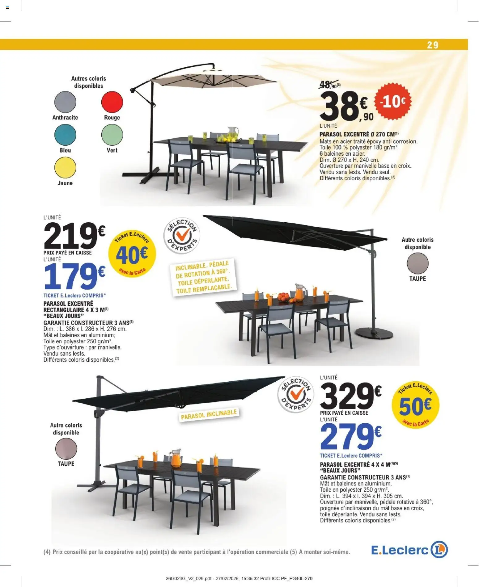 {H1} | Page: 29 | Produits: Base, Parasol inclinable, Parasol