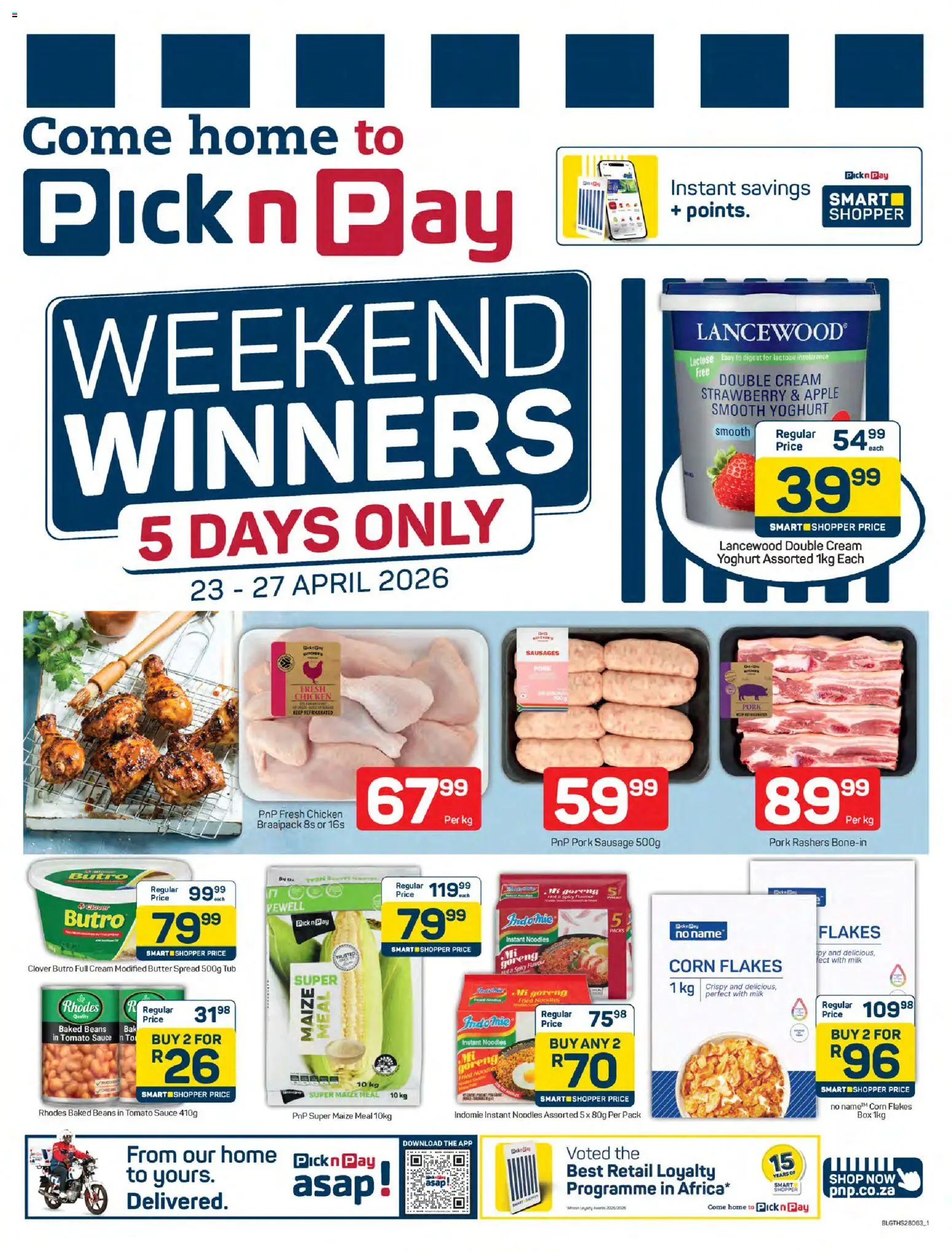 New Pick n Pay catalogue – valid from 23.04.2026 | Page: 1 | Products: Maize meal, Tomato sauce, Flakes, Sauce
