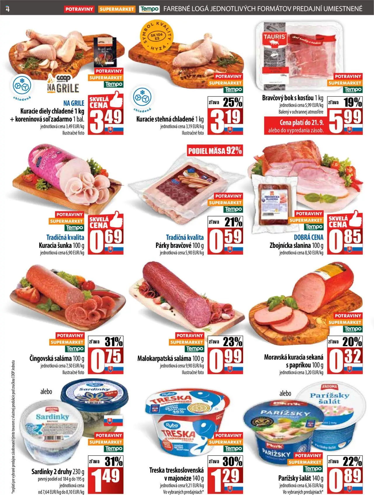 Nové COOP Jednota akcie – leták je platný od 18.09.2025 | Strana: 4 | Produkty: Sardinky, Slanina, Ryba, Soľ