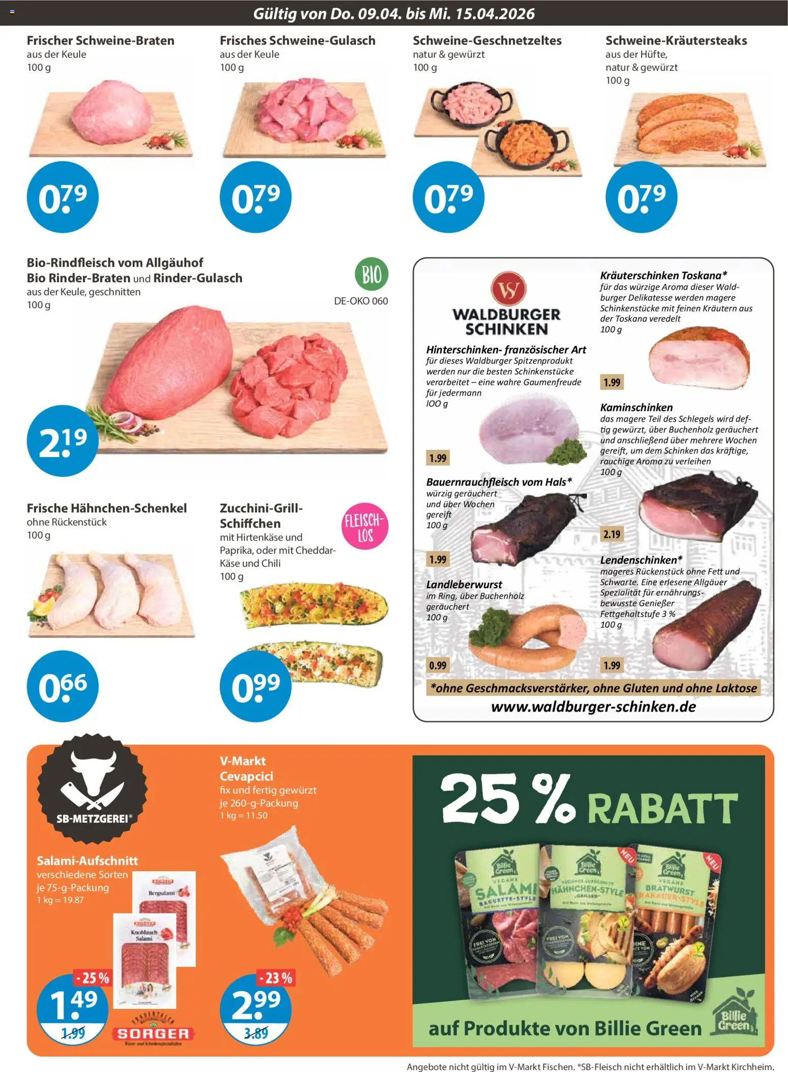 V-Markt Schwaben / Oberbayern – gültig ab 09.04.2026 | Seite: 3 | Produkte: Schweinegulasch, Hahnchenschenkel, Cevapcici, Fleisch
