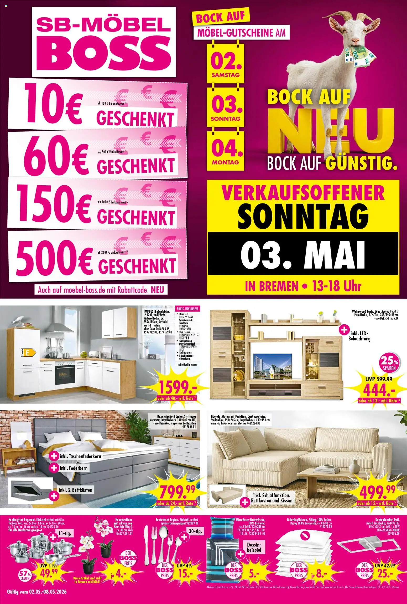 SB Möbel Boss Prospekt Bremen – gültig ab 01.05.2026 | Seite: 1 | Produkte: Topper, Kühlschrank, Kochfeld, Uhr