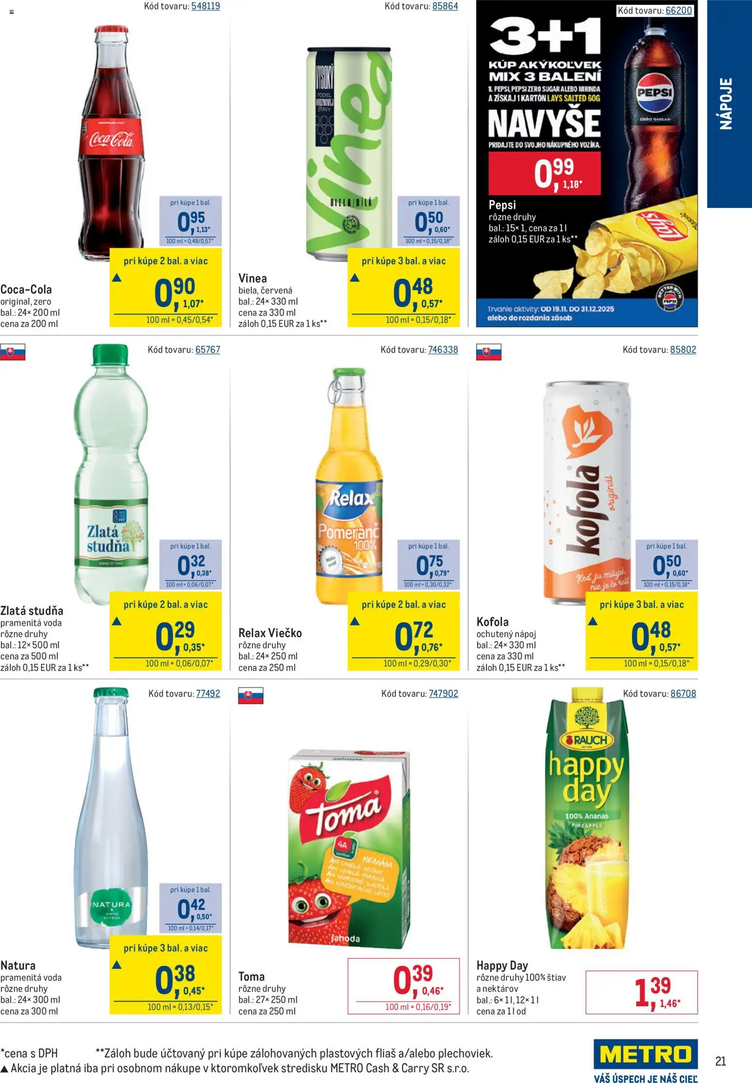 Nové Metro akcie – leták je platný od 19.11.2025 | Strana: 21 | Produkty: Kofola, Ananás, Pepsi, Mirinda