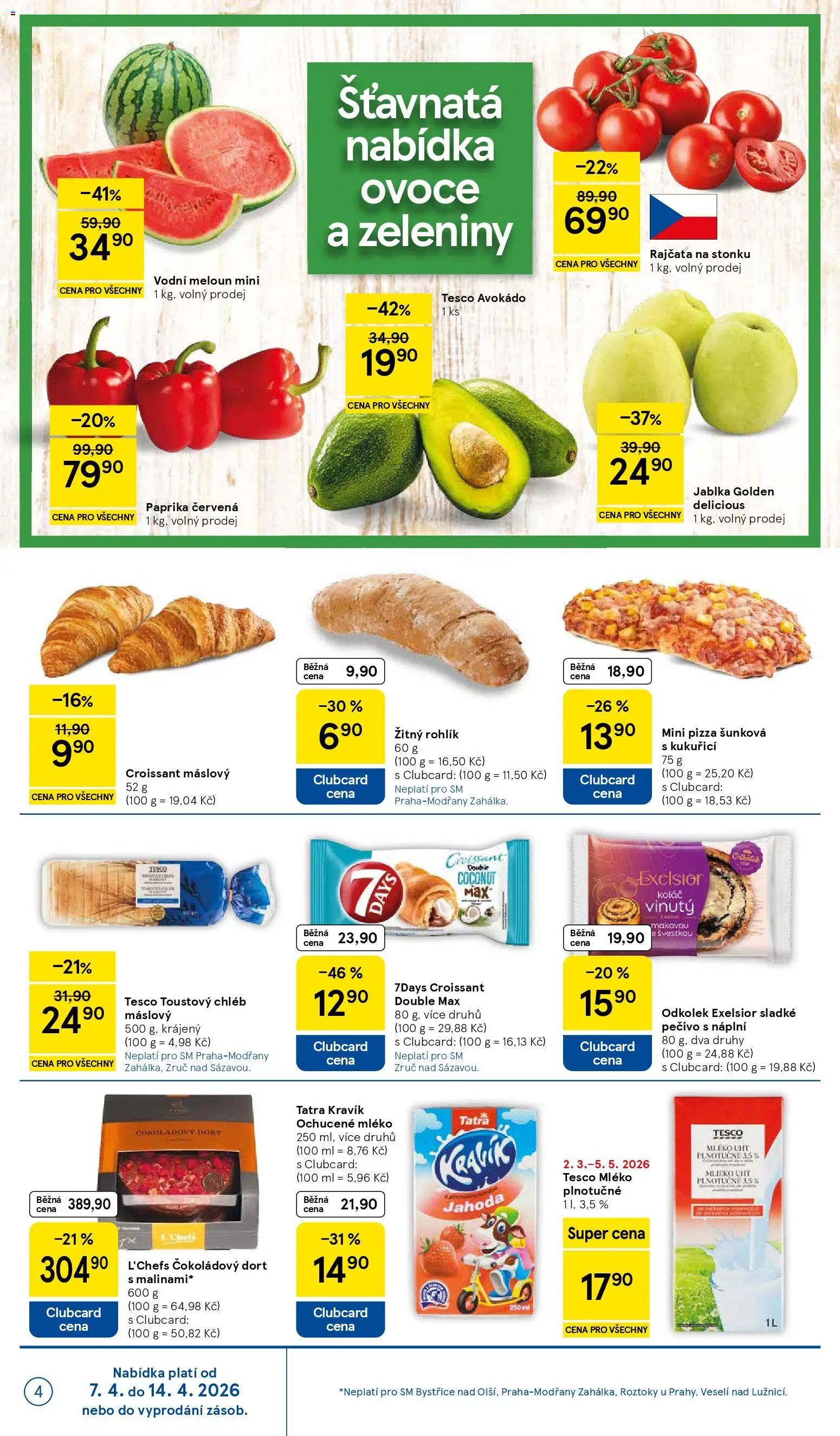 Tesco leták - Supermarket od 07.04.2026 | Strana: 4 | Produkty: Rohlík, Žitný rohlík, Ochucené mléko, Croissant
