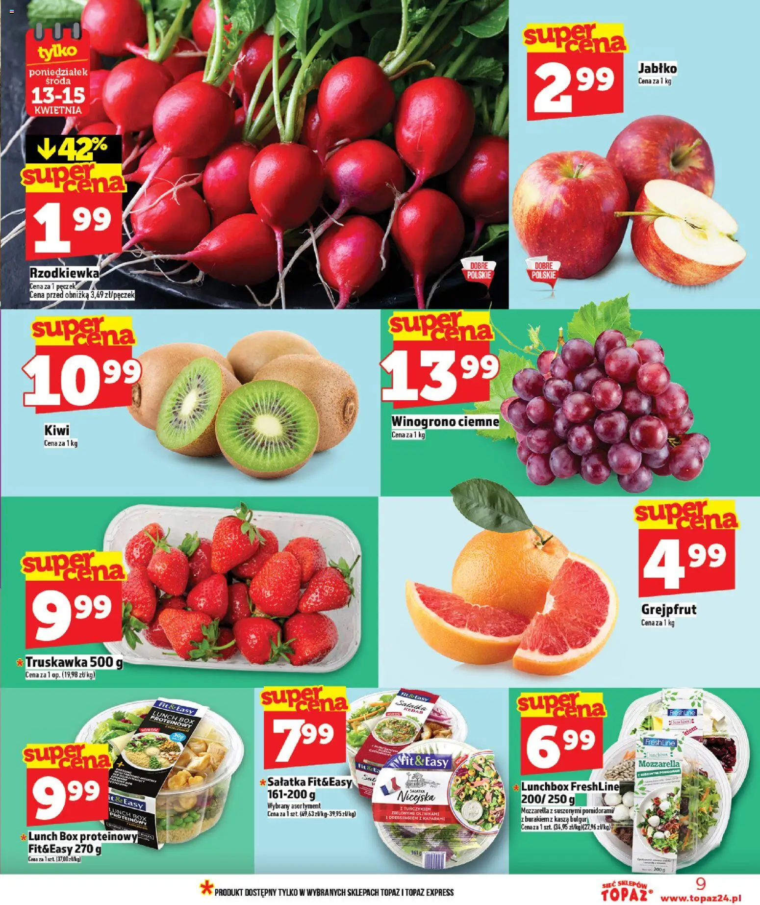 Topaz gazetka - MAZ od 09.04.2026 | Strona: 9 | Produkty: Kasza, Kebab, Mozzarella, Sałatka