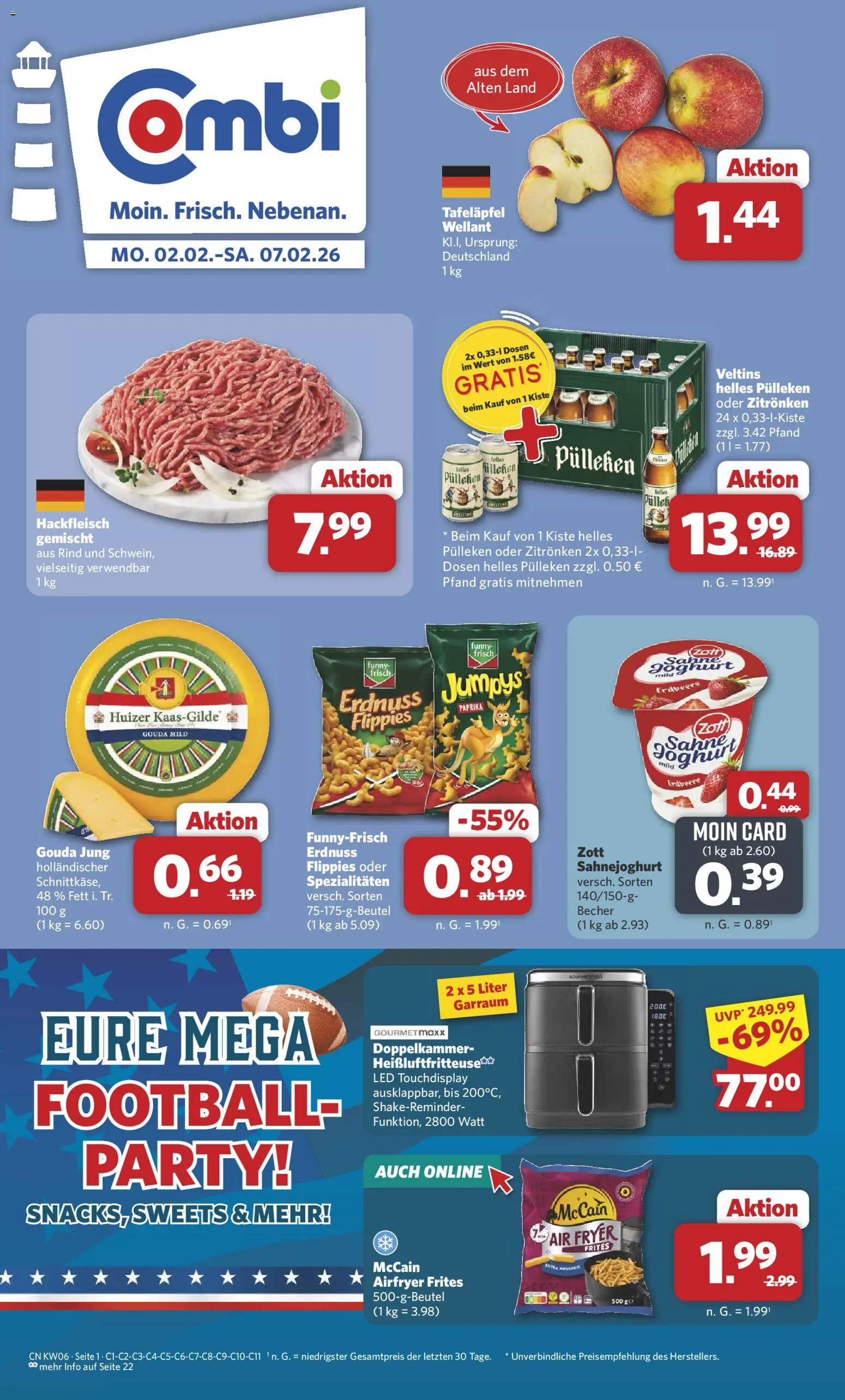 Combi Prospekt 	 – gültig ab 02.02.2026 | Seite: 1 | Produkte: Helles pulleken, Football, Sahne, Hackfleisch