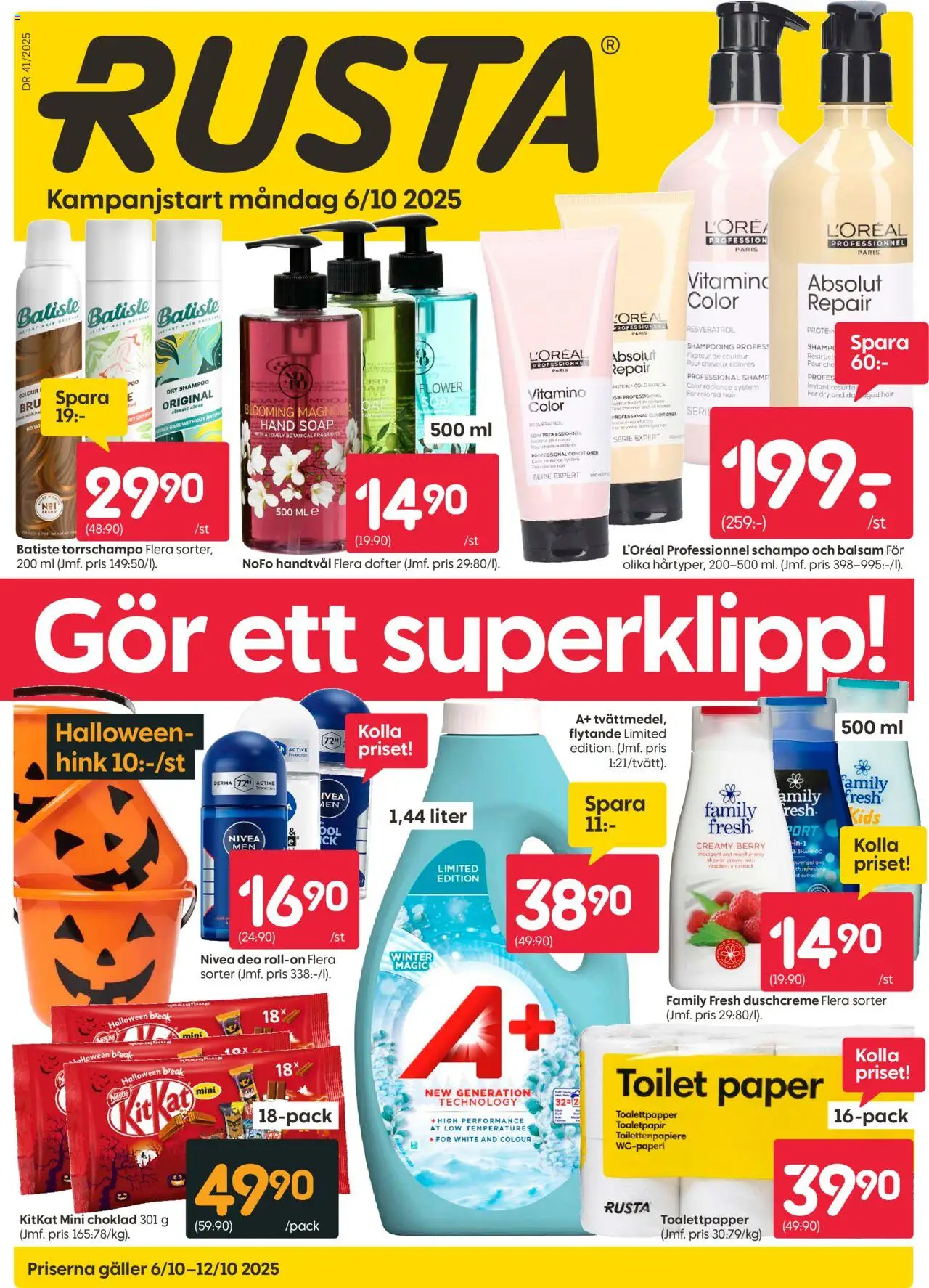 Rusta reklamblad aktuell från 06.10.2025 | Sida: 1 | Produkter: Toalettpapper, Hink, Torrschampo, Handtvål
