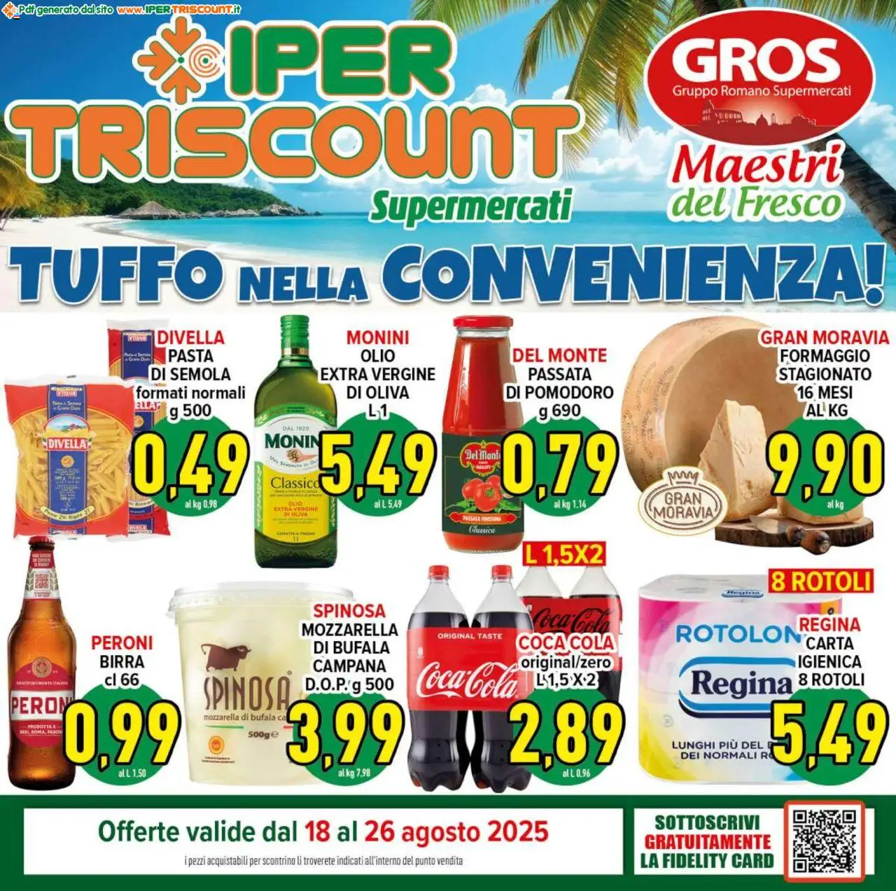 Volantino Ipertriscount del 18.08.2025 | Pagina: 1 | Prodotti: Birra, Mozzarella, Pomodoro, Formaggio