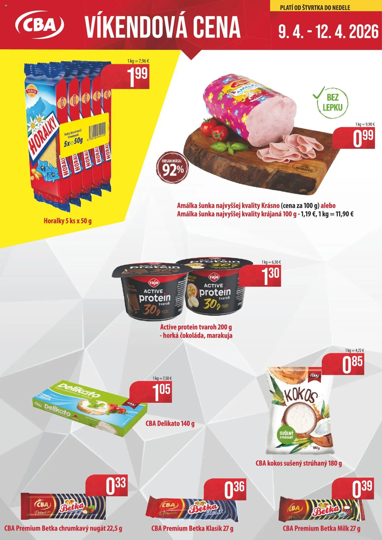 Nové CBA Verex akcie – leták je platný od 09.04.2026 | Strana: 1 | Produkty: Šunka, Protein, Tvaroh, Horálky