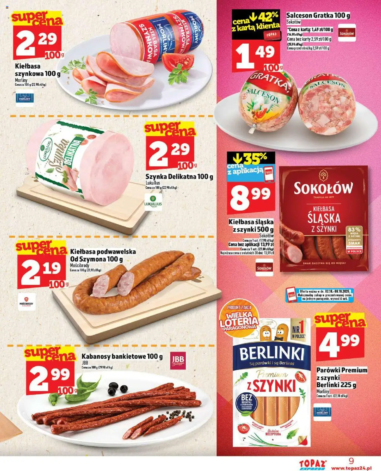 Topaz Gazetka - Express od 02.10.2025 | Strona: 9 | Produkty: Kiełbasa, Karta, Parówki, Kiełbasa śląska