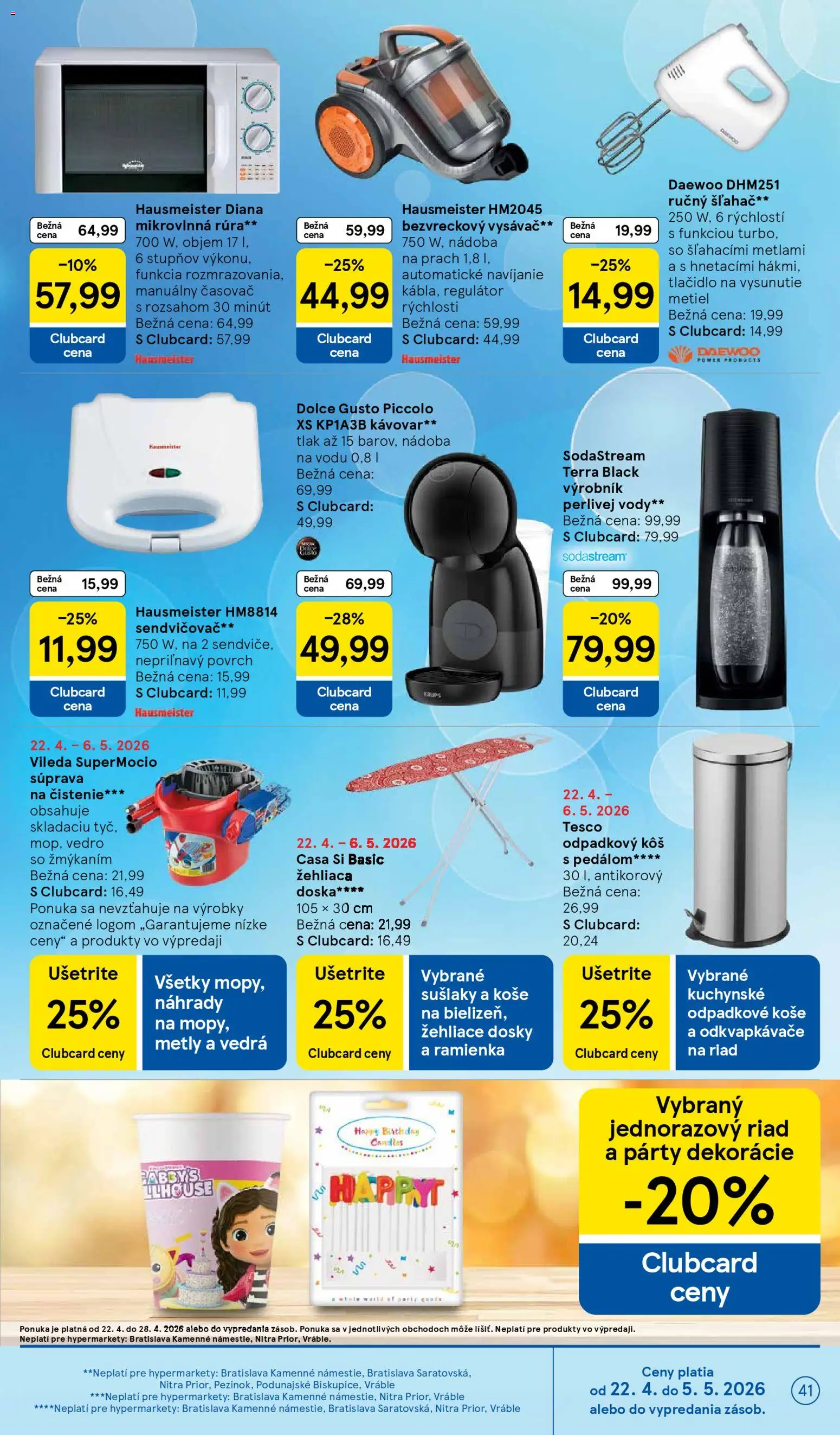 Nové Tesco akcie – leták je platný od 22.04.2026 | Strana: 41 | Produkty: Ručný šľahač, Kávovar, Bezvreckový vysávač, Dolce Gusto