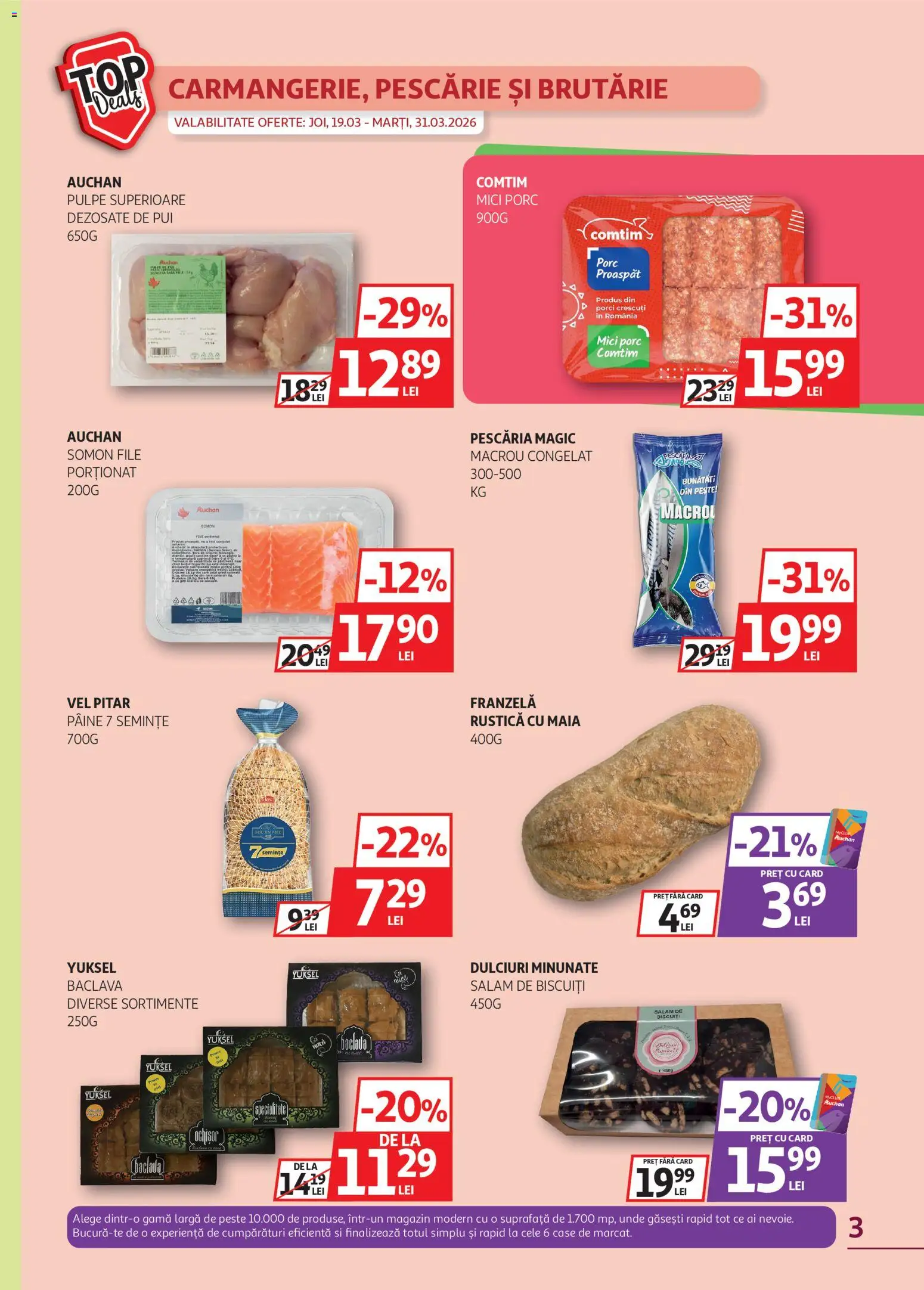 Noul catalog Auchan – valabil de la 19.03.2026 | Pagină: 3 | Produse: Mici, Pâine, Salam, Biscuiți