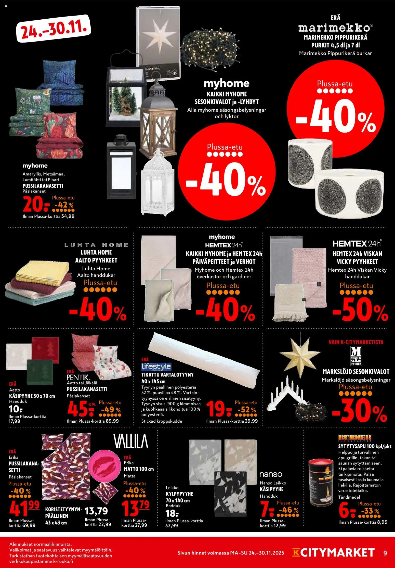 K-Citymarket - Black Friday – voimassa 24.11.2025 alkaen | Sivu: 9 | Tuotteet: Pussilakanasetti, Pyyhkeet, Matto