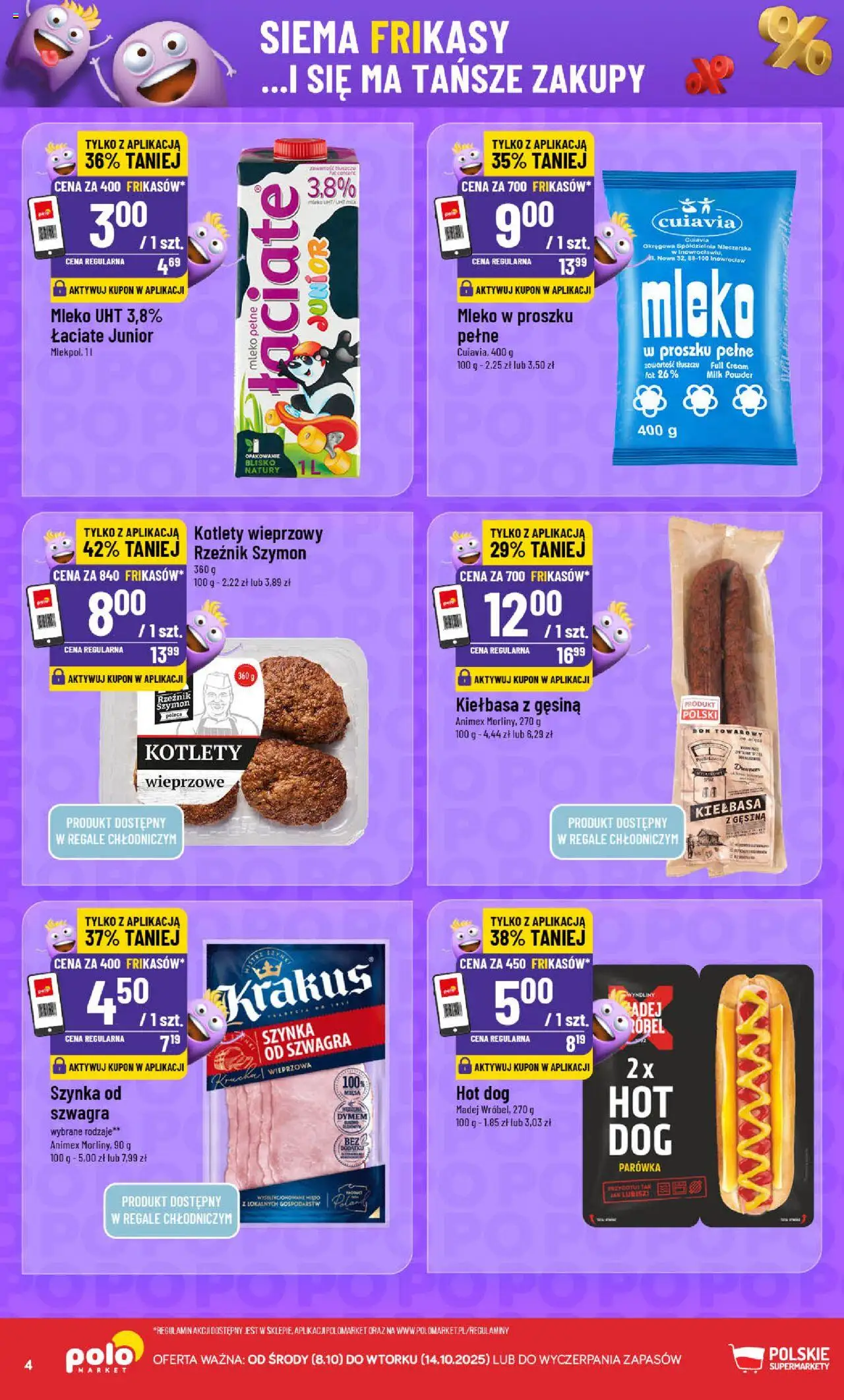 POLOmarket Gazetka - Frikasowe Hity od 08.10.2025 | Strona: 4 | Produkty: Kiełbasa, Szynka, Mleko, Kotlety